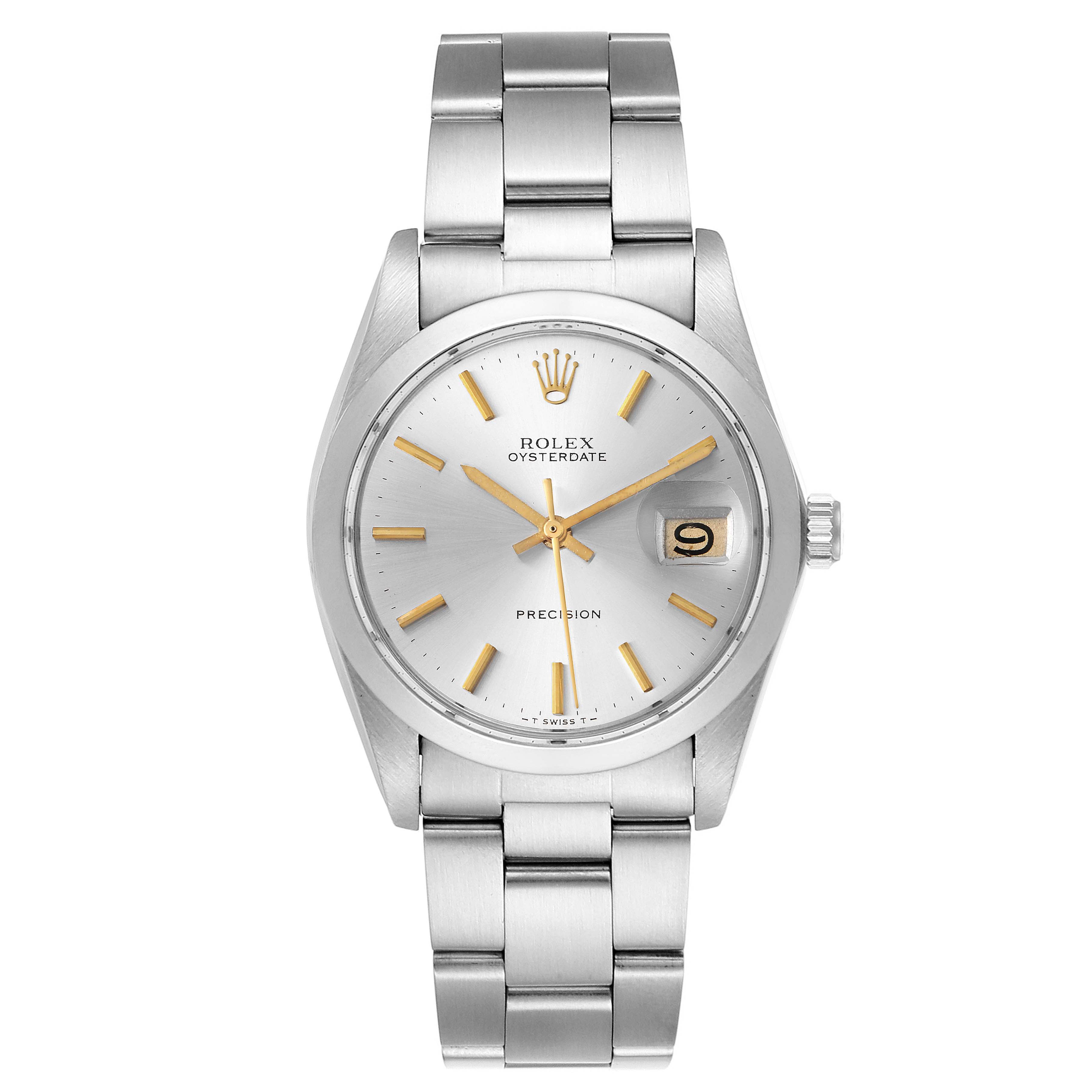 The image shows a front view of a Vintage Collection Rolex Oysterdate Precision watch, highlighting the dial, hands, and bracelet.