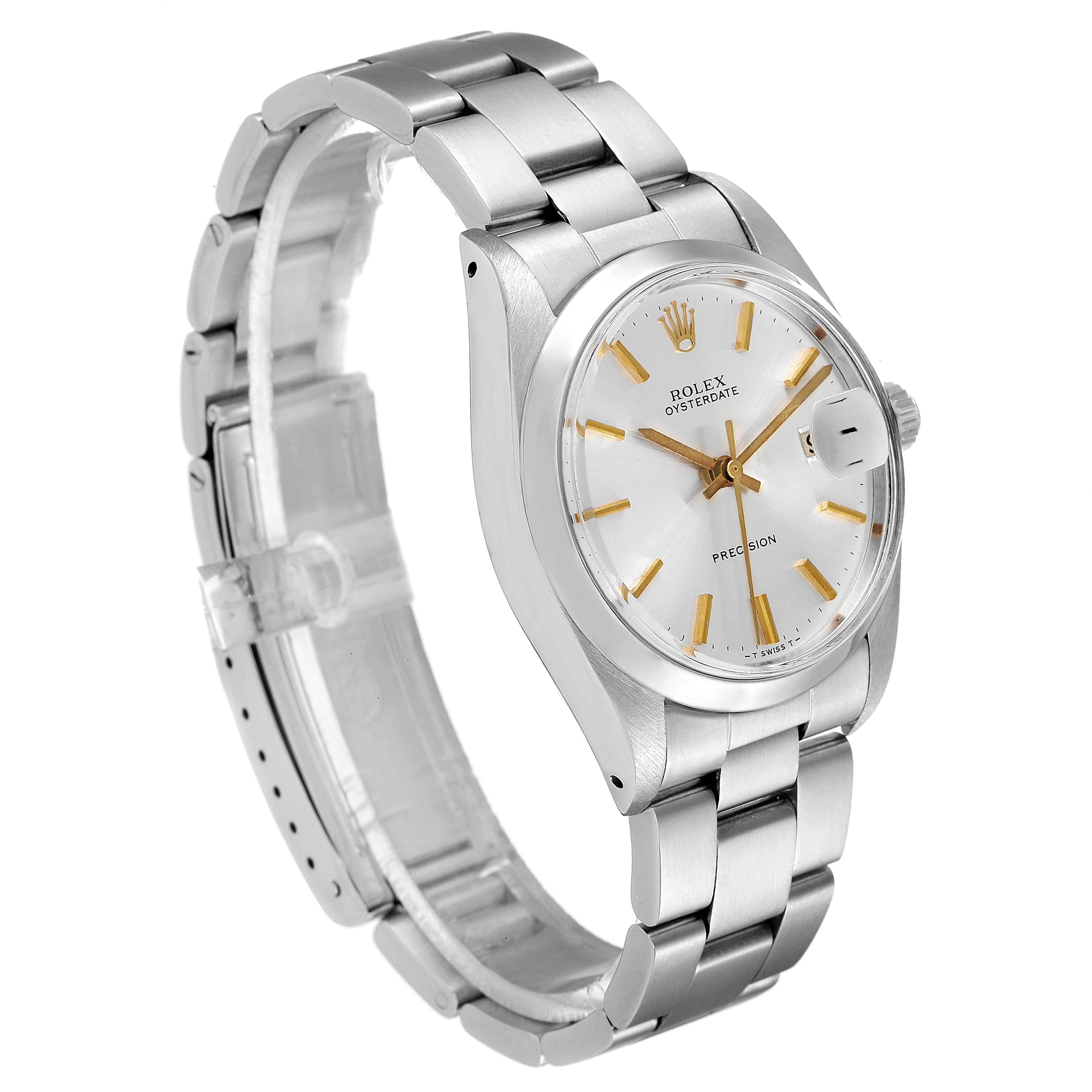This image shows a side-angle view of the Rolex Vintage Collection 6694 Men
s Stainless Steel Silver Dial 6694 Men
s Stainless Steel Silver Dial watch, displaying its silver band and dial with gold accents.