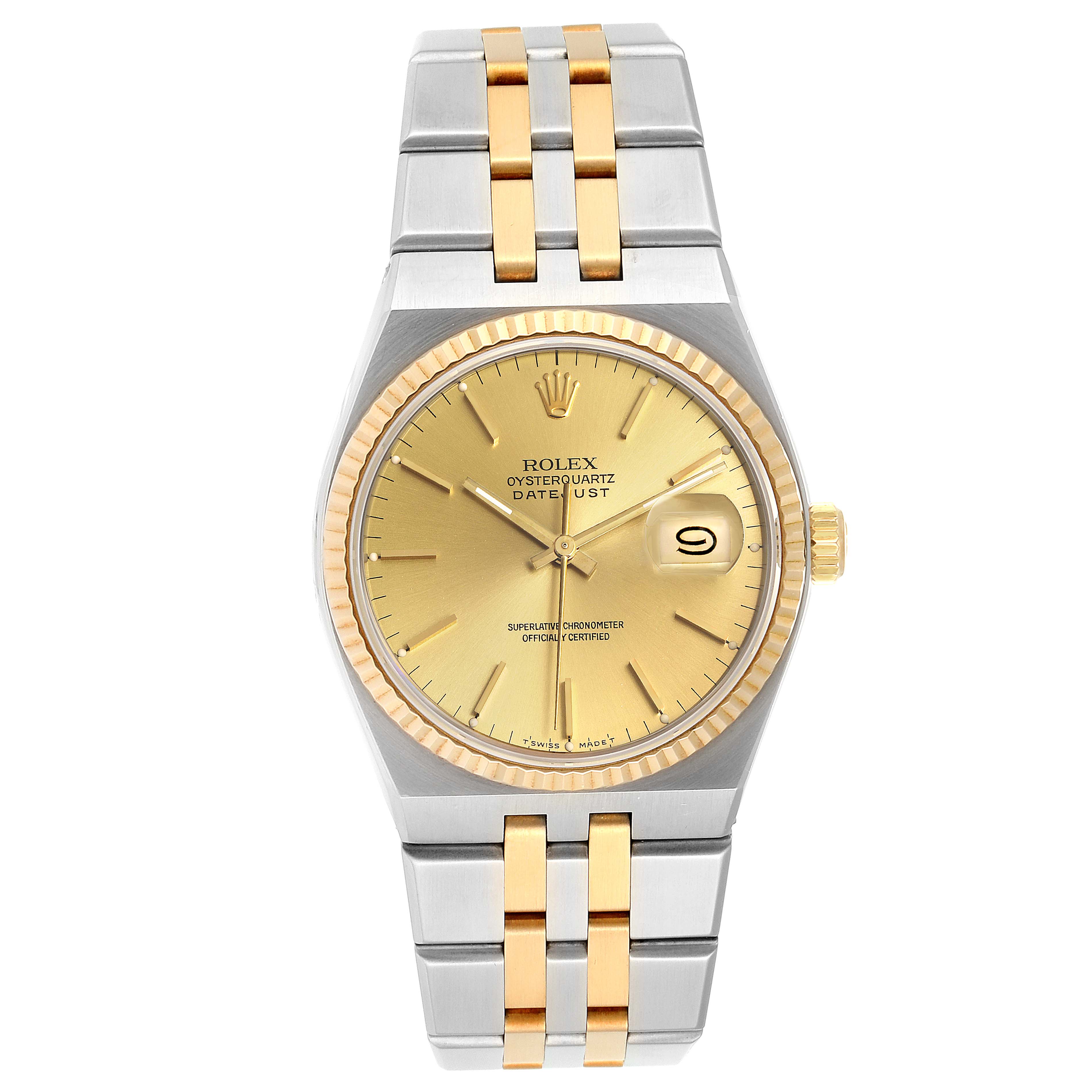 The Rolex Oysterquartz 19508 Men
s Steel and Gold (two tone) Champagne Dial 19508 Men
s Steel and Gold (two tone) Champagne Dial watch is shown from a straight-on angle, highlighting the face, bezel, and bracelet.