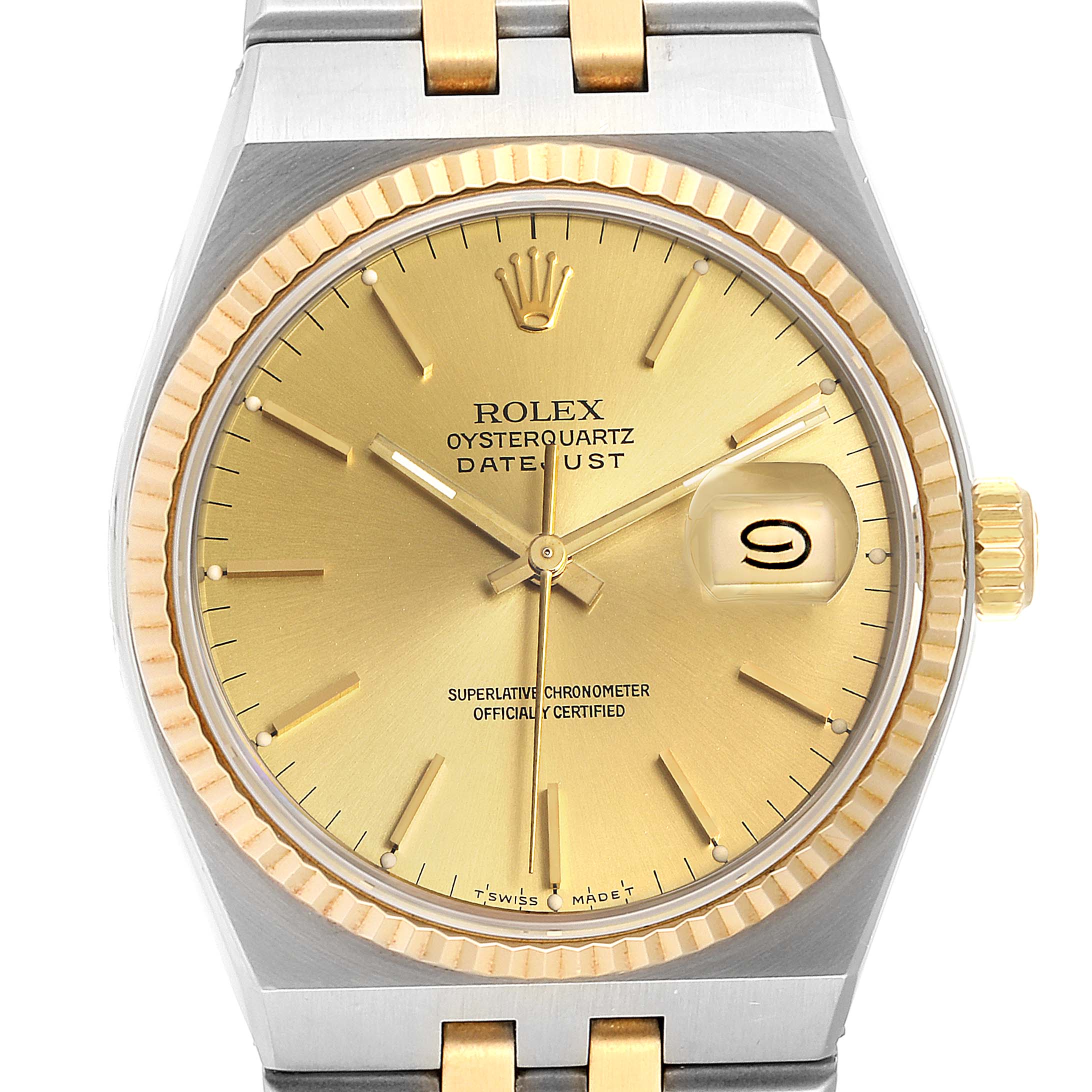The image shows a front angle view of the Rolex Oysterquartz 19508 Men
s Steel and Gold (two tone) Champagne Dial 19508 Men
s Steel and Gold (two tone) Champagne Dial Datejust watch, highlighting its dial, bezel, and part of its bracelet.