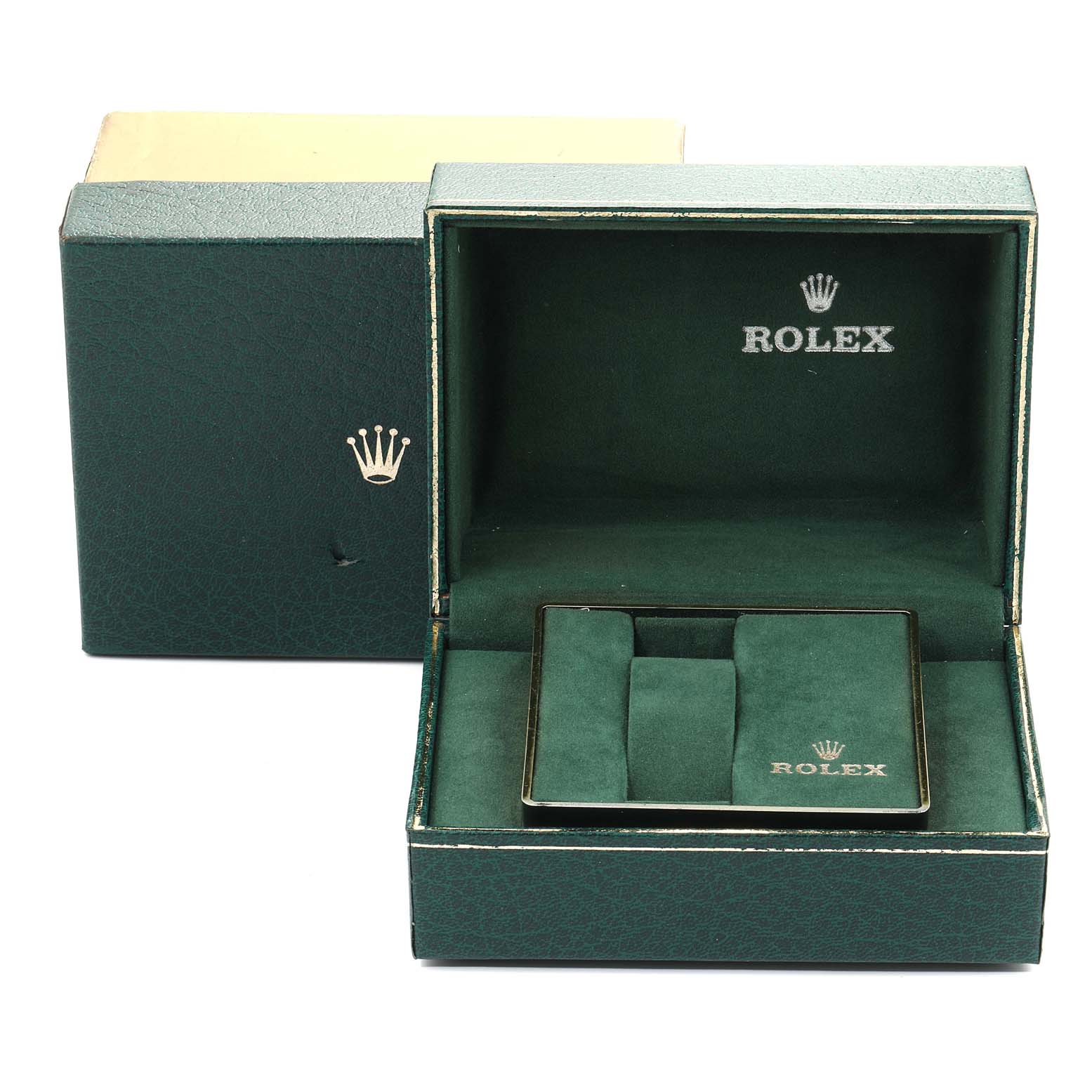 This is a green Rolex watch box, open to reveal its interior compartments, designed for the Oysterquartz model.