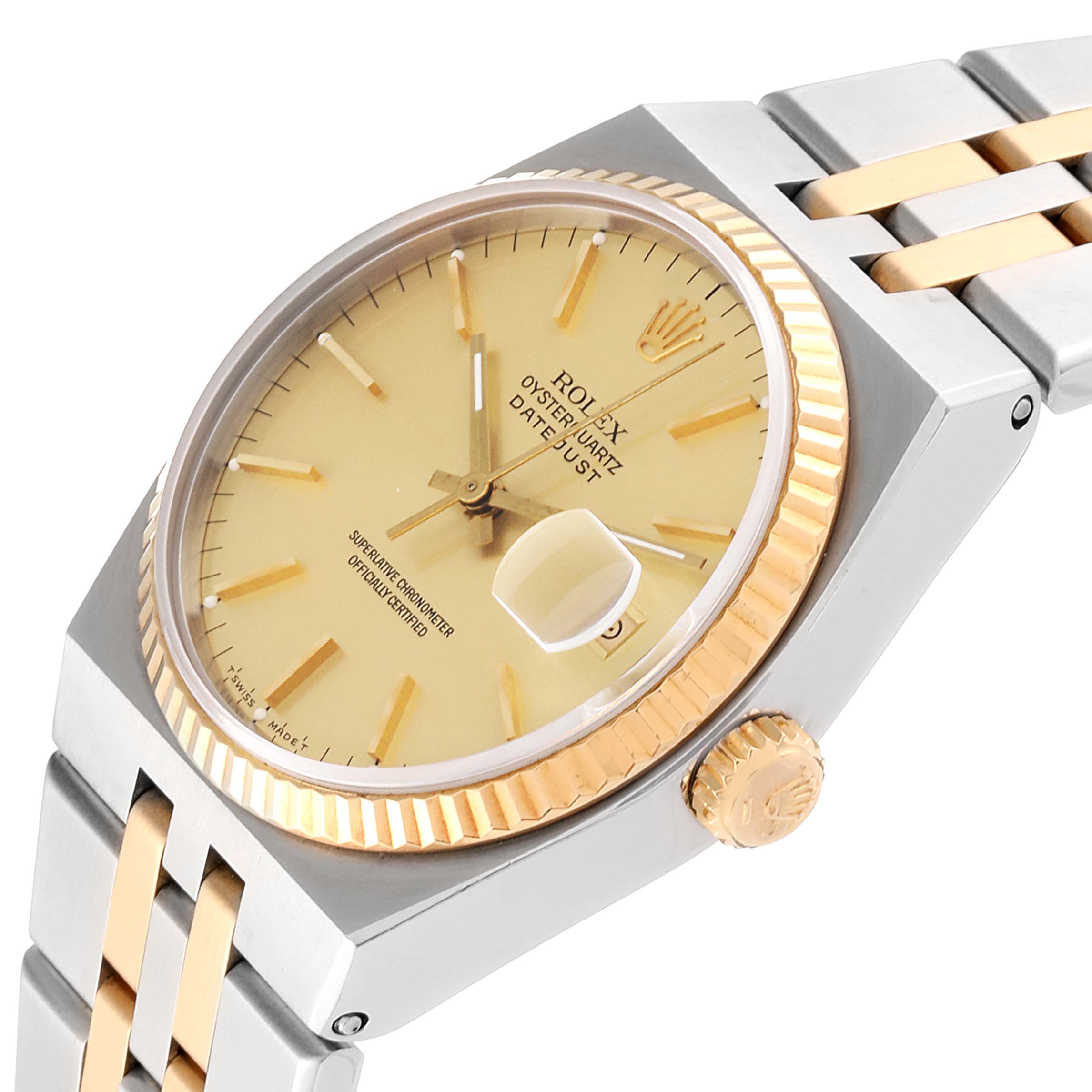 The image shows a close-up diagonal view of the Rolex Oysterquartz 19508 Men
s Steel and Gold (two tone) Champagne Dial 19508 Men
s Steel and Gold (two tone) Champagne Dial watch, highlighting the dial, crown, and bracelet.