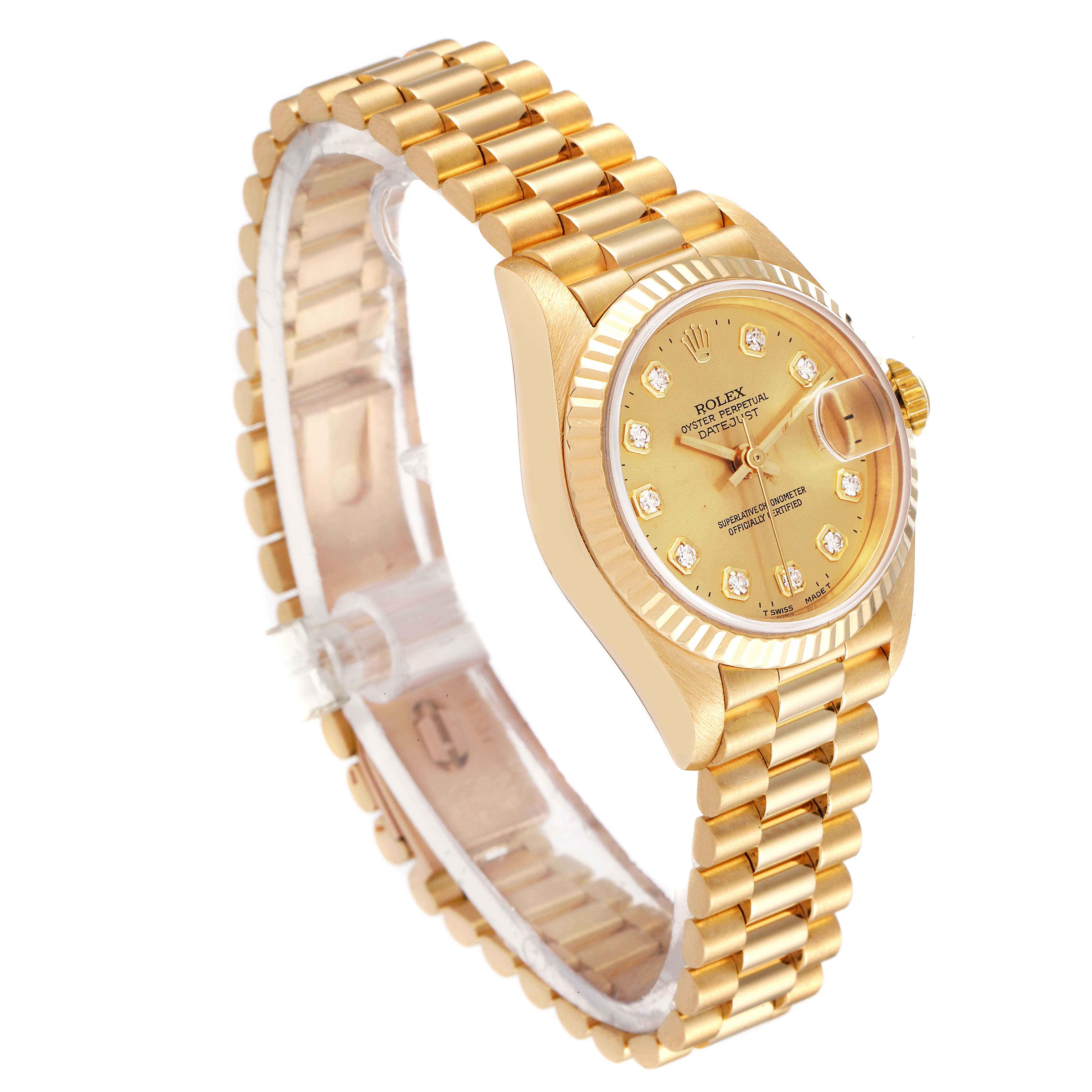 The image shows a side-angle view of a gold Rolex President 69178 Women
s Yellow Gold Champagne Dial 69178 Women
s Yellow Gold Champagne Dial model watch, highlighting the bracelet, face, and date magnifier.