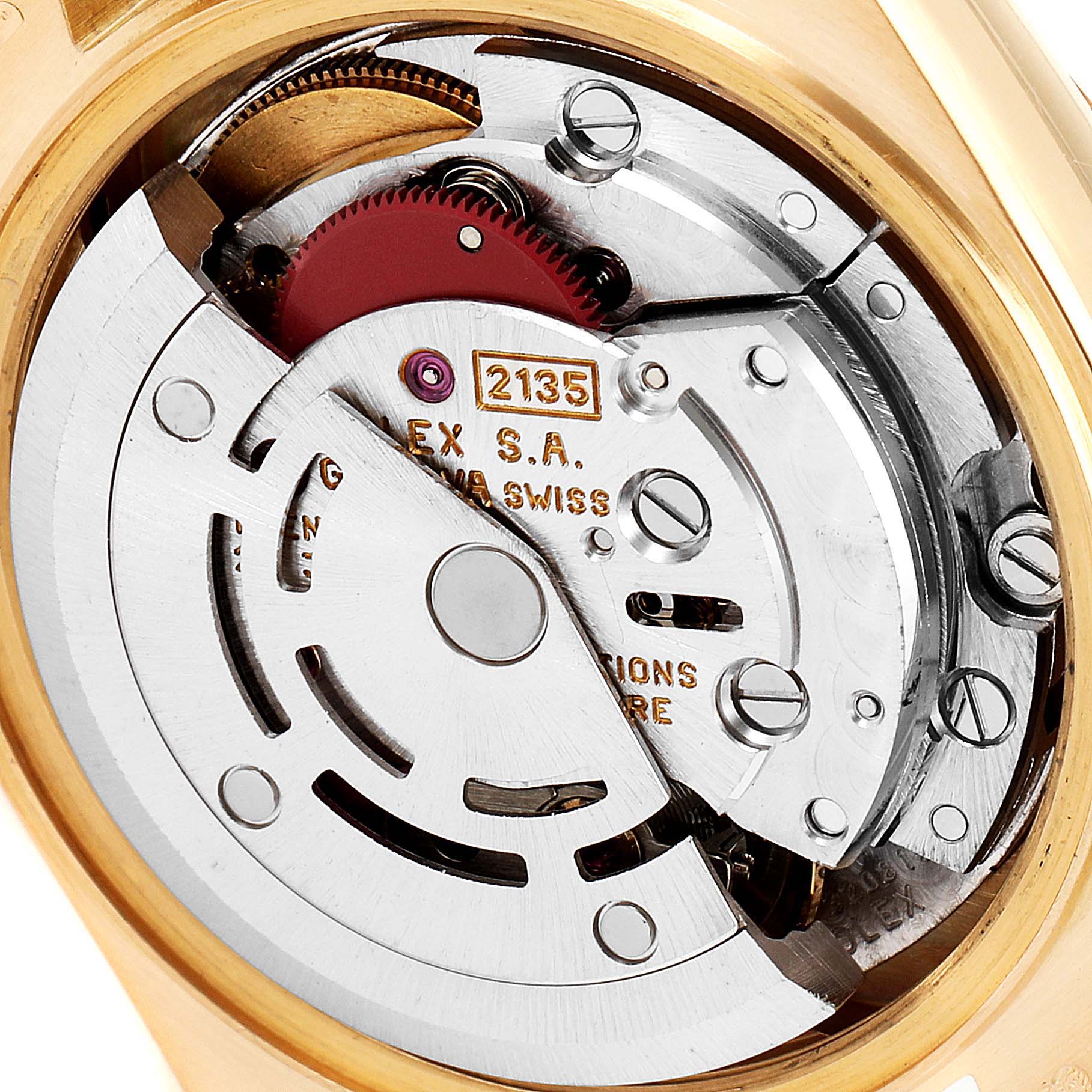 This image shows a close-up of the Rolex President 69178 Women
s Yellow Gold Champagne Dial 69178 Women
s Yellow Gold Champagne Dial model
s mechanical movement and intricate inner components.