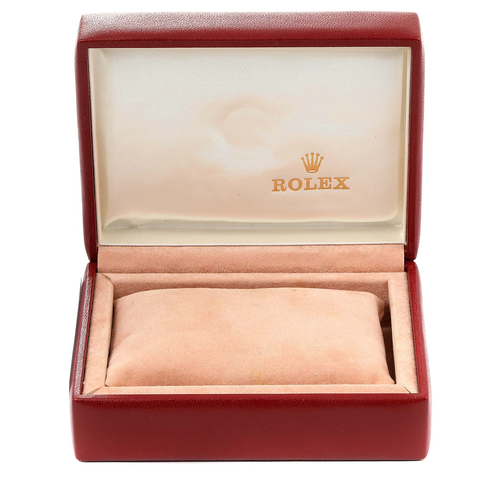 The image shows an open Rolex watch box for the President model, featuring the interior with a cushion and Rolex branding.