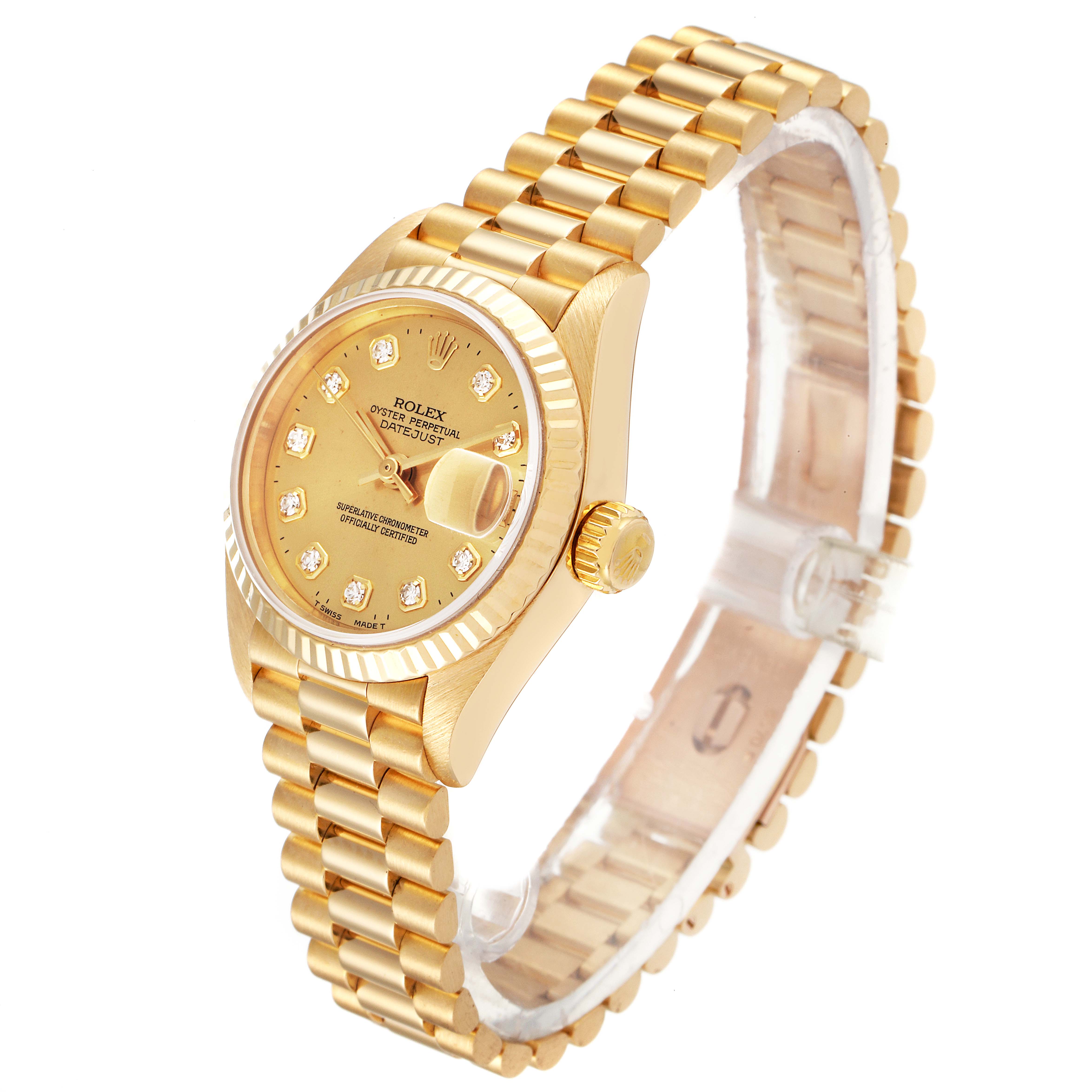 The image shows a side angle view of the Rolex President 69178 Women
s Yellow Gold Champagne Dial 69178 Women
s Yellow Gold Champagne Dial model watch, highlighting its gold case, dial, and bracelet.