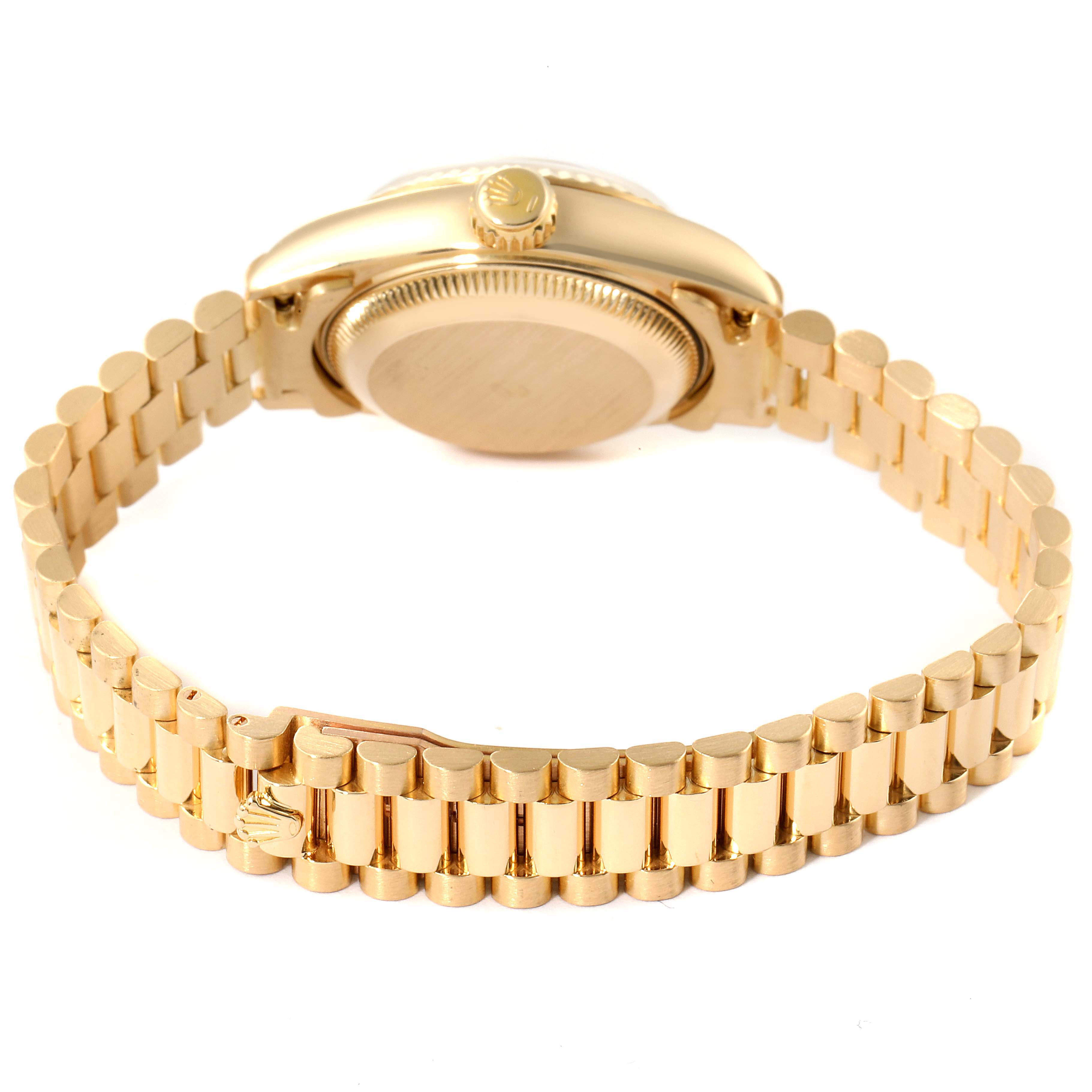 This image shows the back of the Rolex President 69178 Women
s Yellow Gold Champagne Dial 69178 Women
s Yellow Gold Champagne Dial model watch, highlighting the case back, crown, and bracelet.