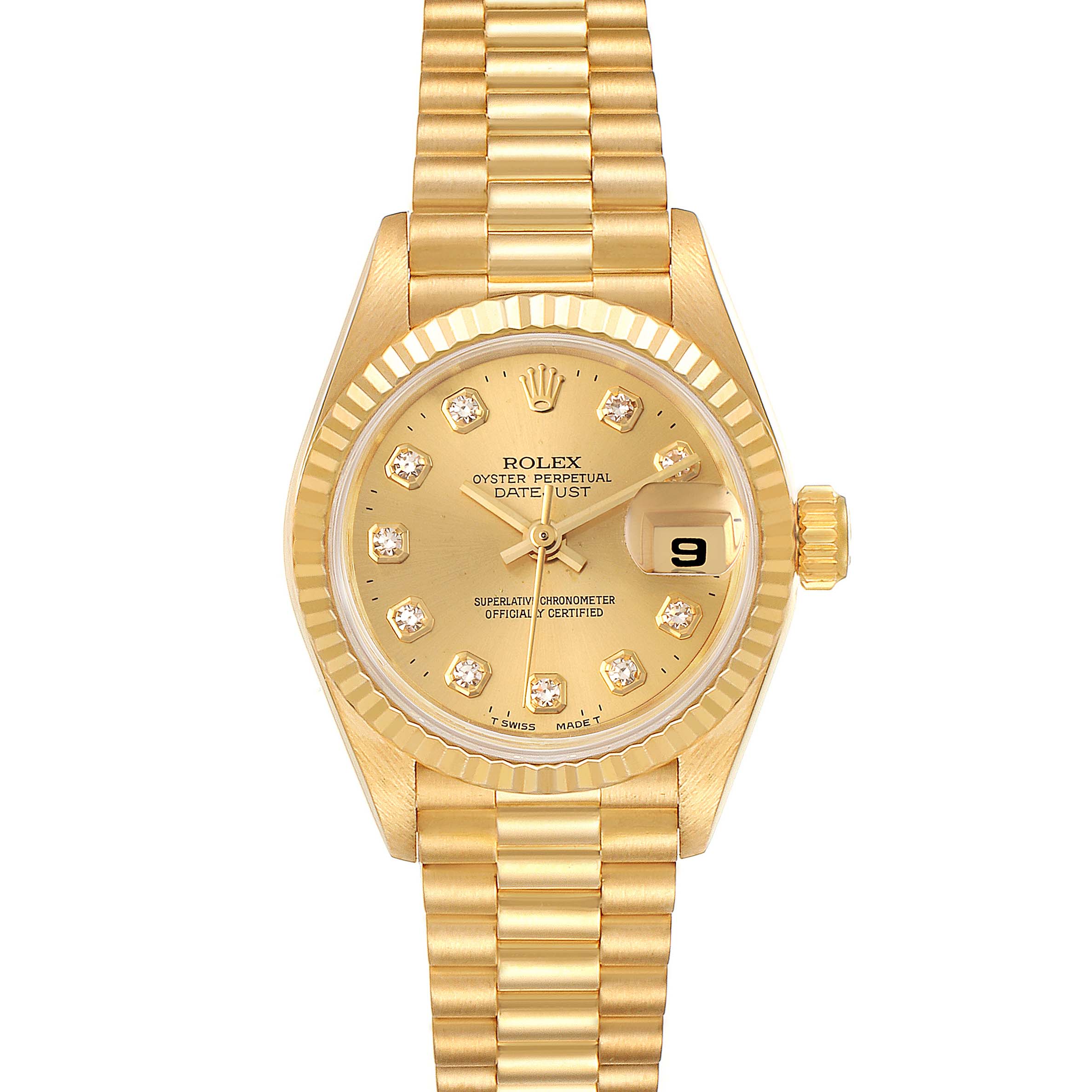 The image shows a front view of a Rolex President 69178 Women
s Yellow Gold Champagne Dial 69178 Women
s Yellow Gold Champagne Dial Datejust watch, showcasing its gold dial, fluted bezel, and linked bracelet.