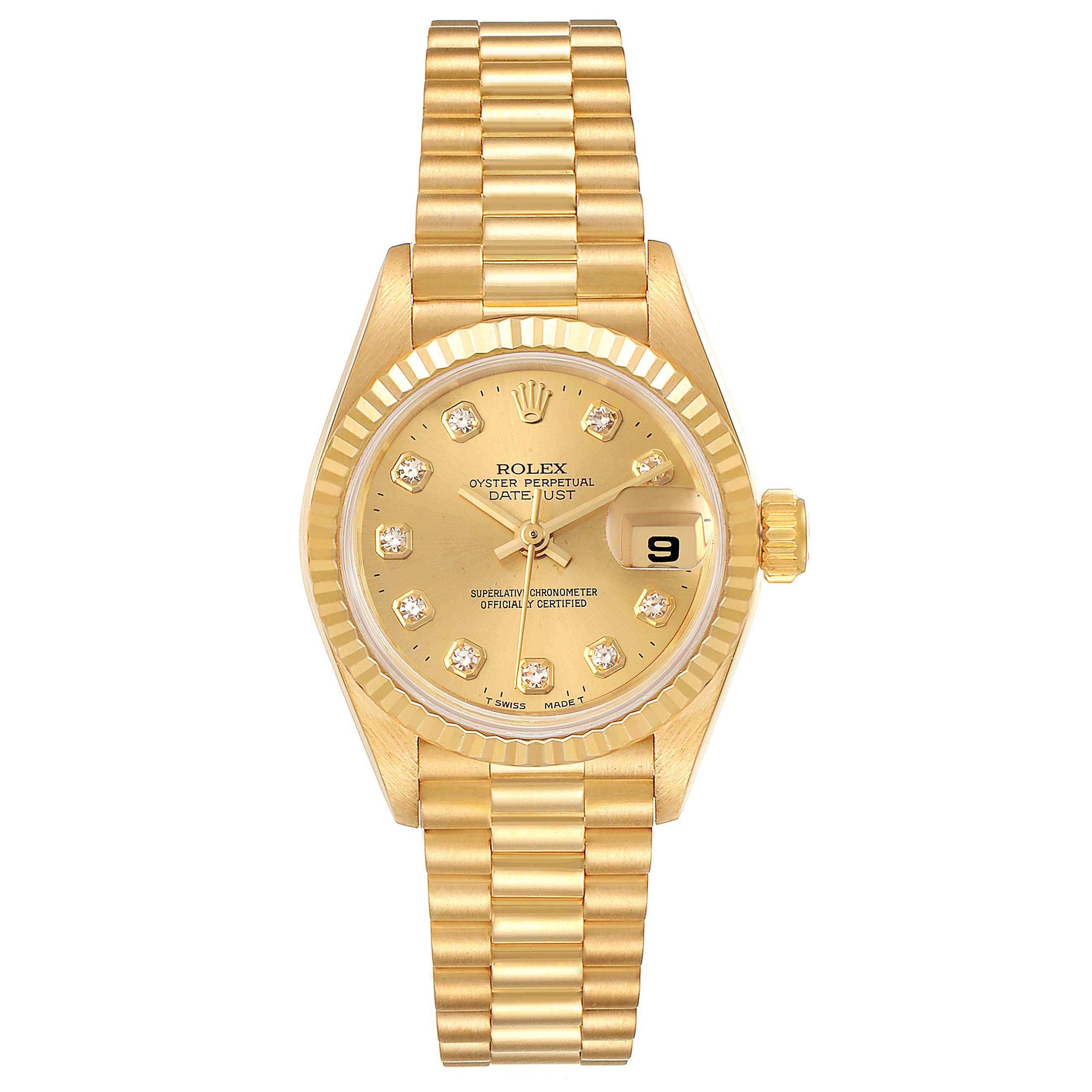 The Rolex President 69178 Women
s Yellow Gold Champagne Dial 69178 Women
s Yellow Gold Champagne Dial model watch is shown from a top-down angle, highlighting its gold bracelet, bezel, and diamond-set dial with a date display.