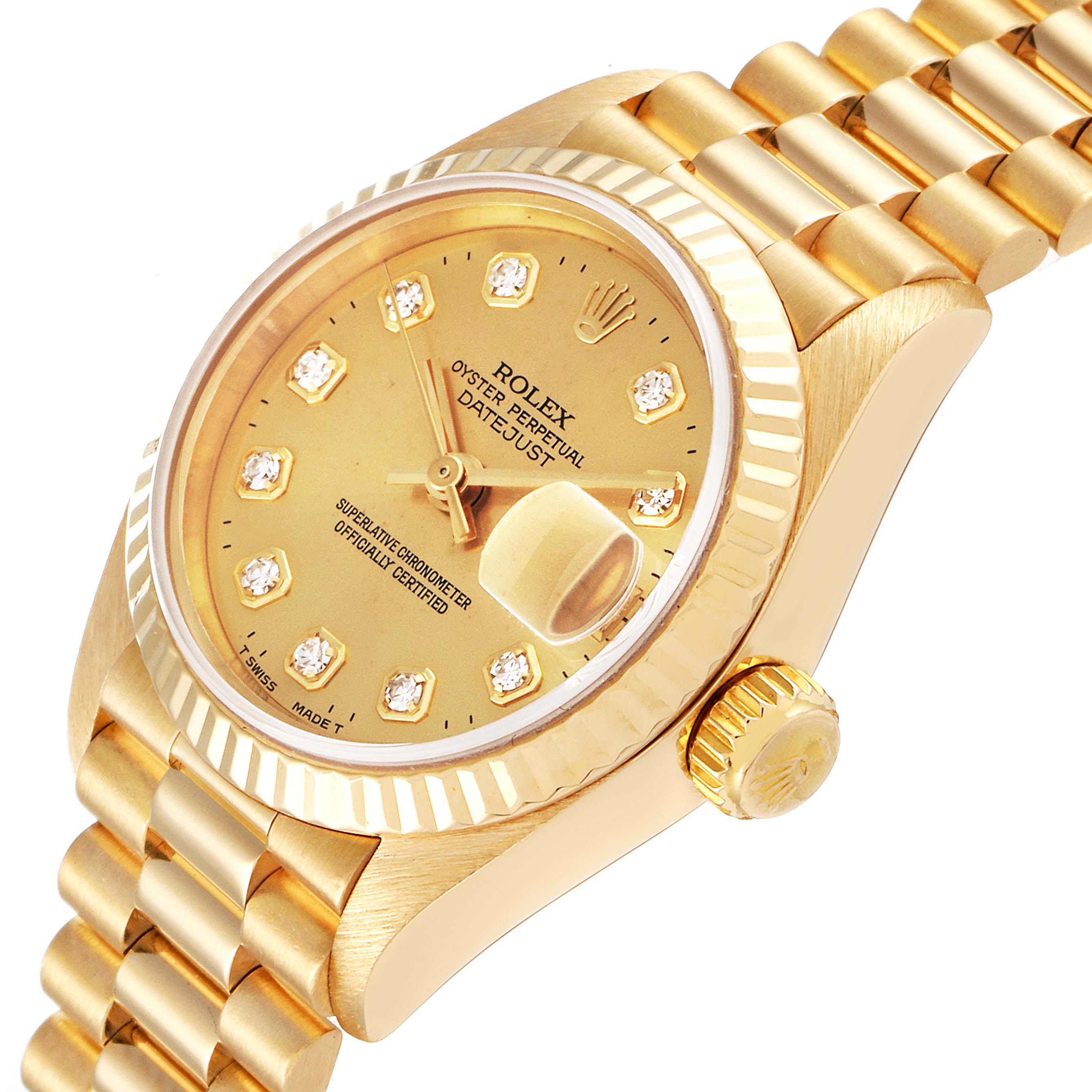 This image shows a Rolex President 69178 Women
s Yellow Gold Champagne Dial 69178 Women
s Yellow Gold Champagne Dial model watch at an oblique angle featuring the dial, bezel, crown, and part of the bracelet.