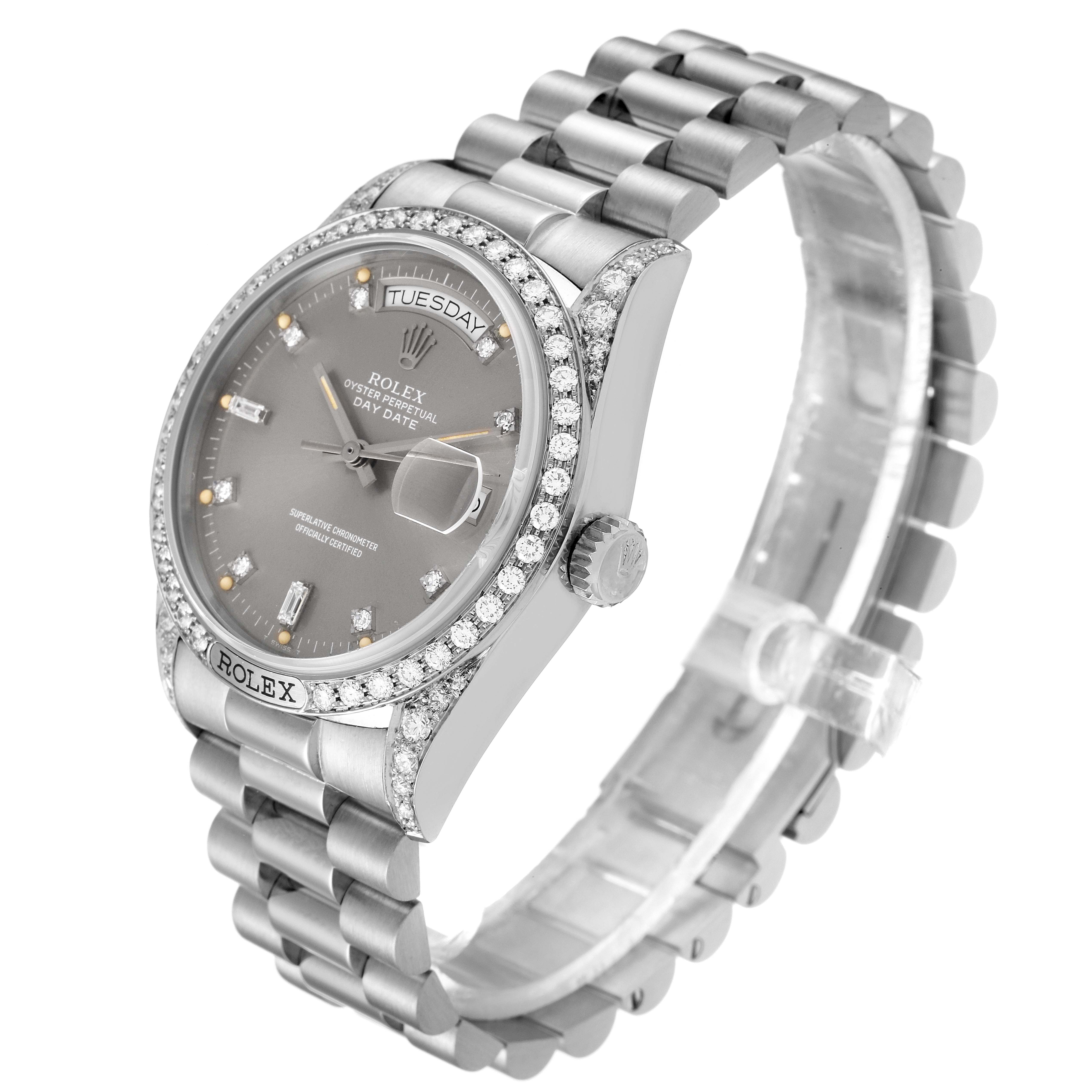 This image shows a side view of a Rolex President 18139 Men's White Gold Grey Dial 18139 Men's White Gold Grey Dial watch, highlighting the face, bezel, bracelet, and crown.
