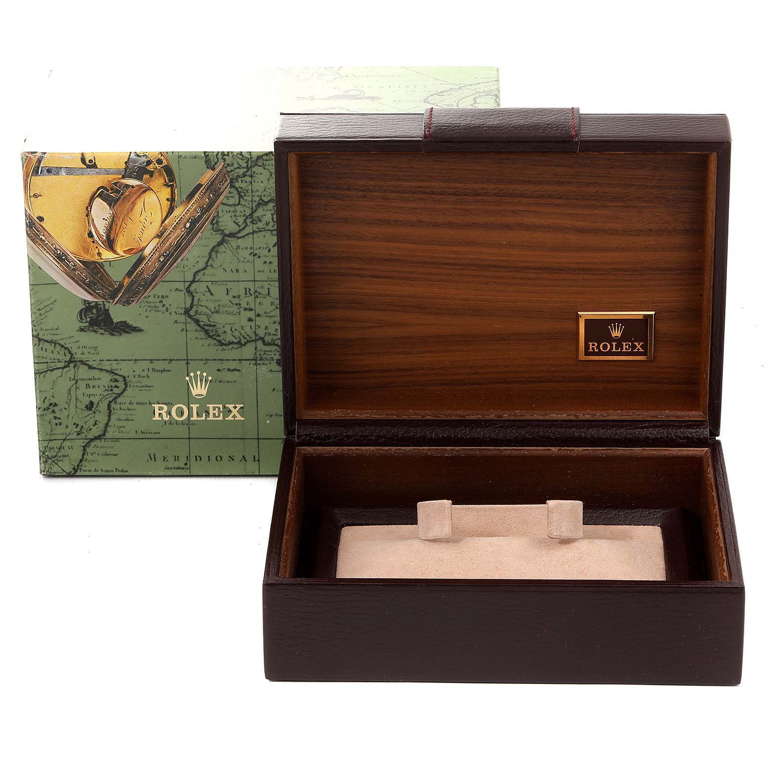 The image shows an open Rolex President 18139 Men's White Gold Grey Dial 18139 Men's White Gold Grey Dial model watch box with its outer packaging.