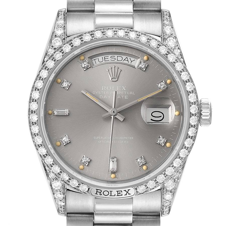 Rolex President Day-Date 18k White Gold Diamond Mens Watch 18139 SwissWatchExpo