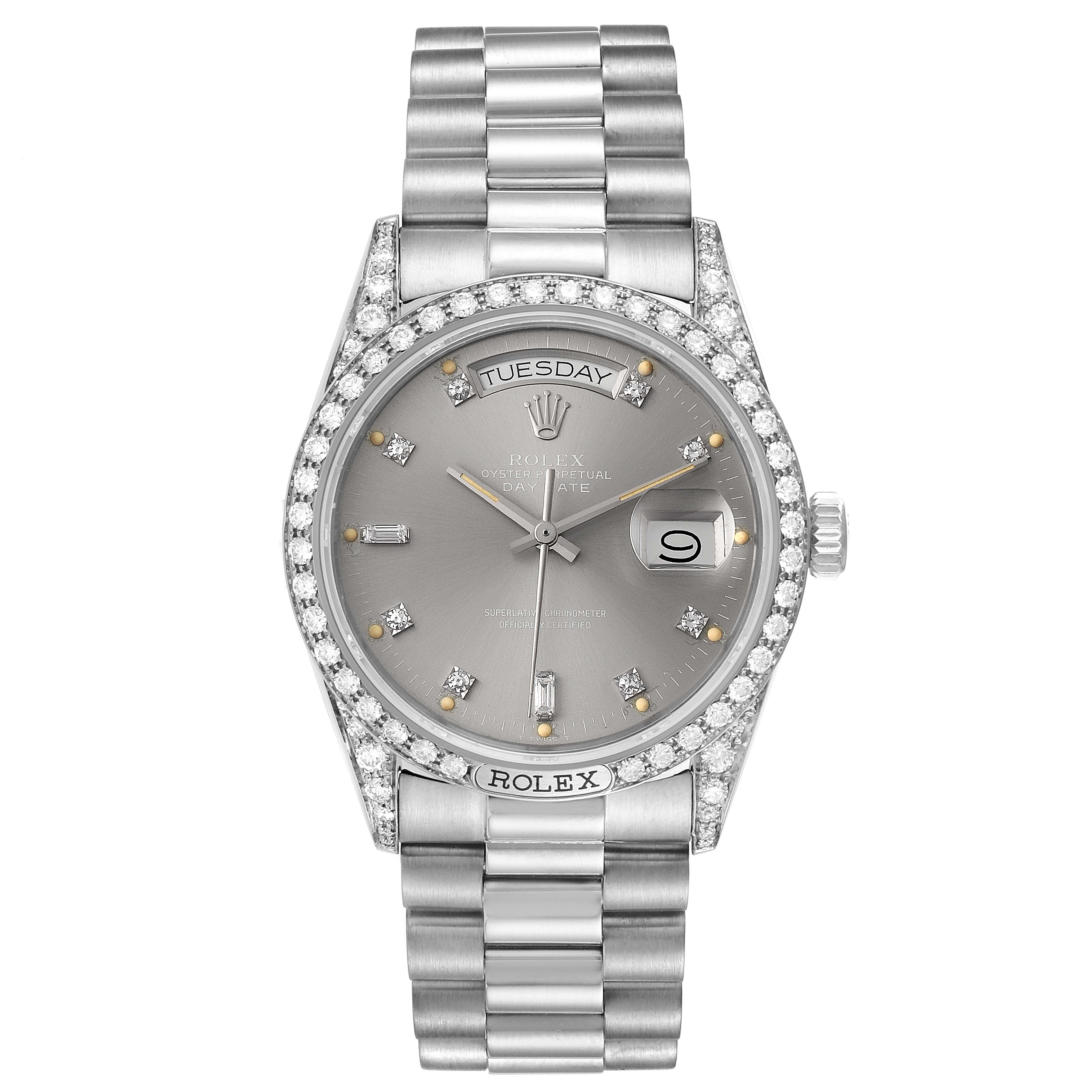 The Rolex President 18139 Men's White Gold Grey Dial 18139 Men's White Gold Grey Dial model watch is shown from a front angle, displaying its dial, bracelet, and diamond-encrusted bezel.