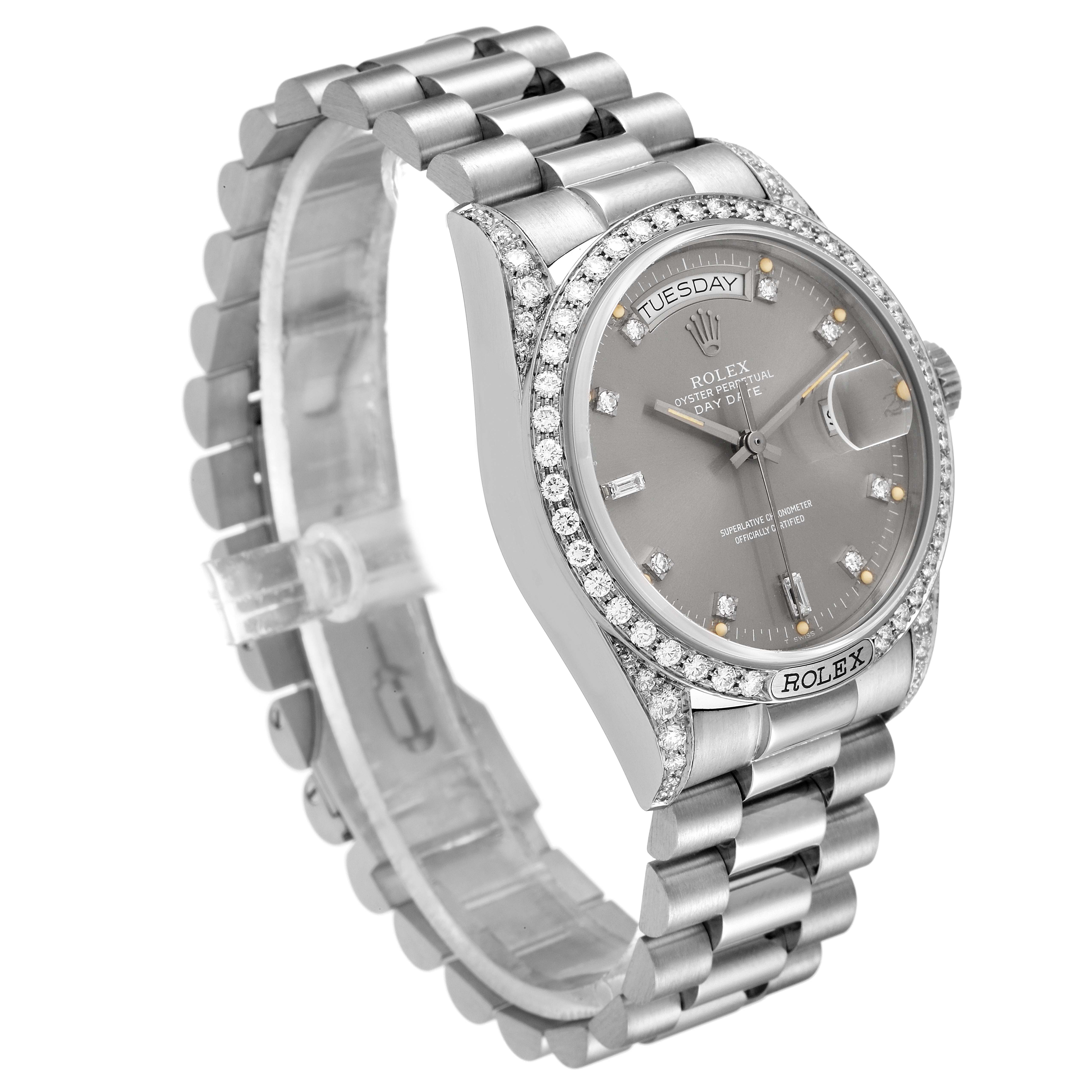 The image shows a Rolex President 18139 Men's White Gold Grey Dial 18139 Men's White Gold Grey Dial model watch at an angle, highlighting its dial, bracelet, bezel, and crown.