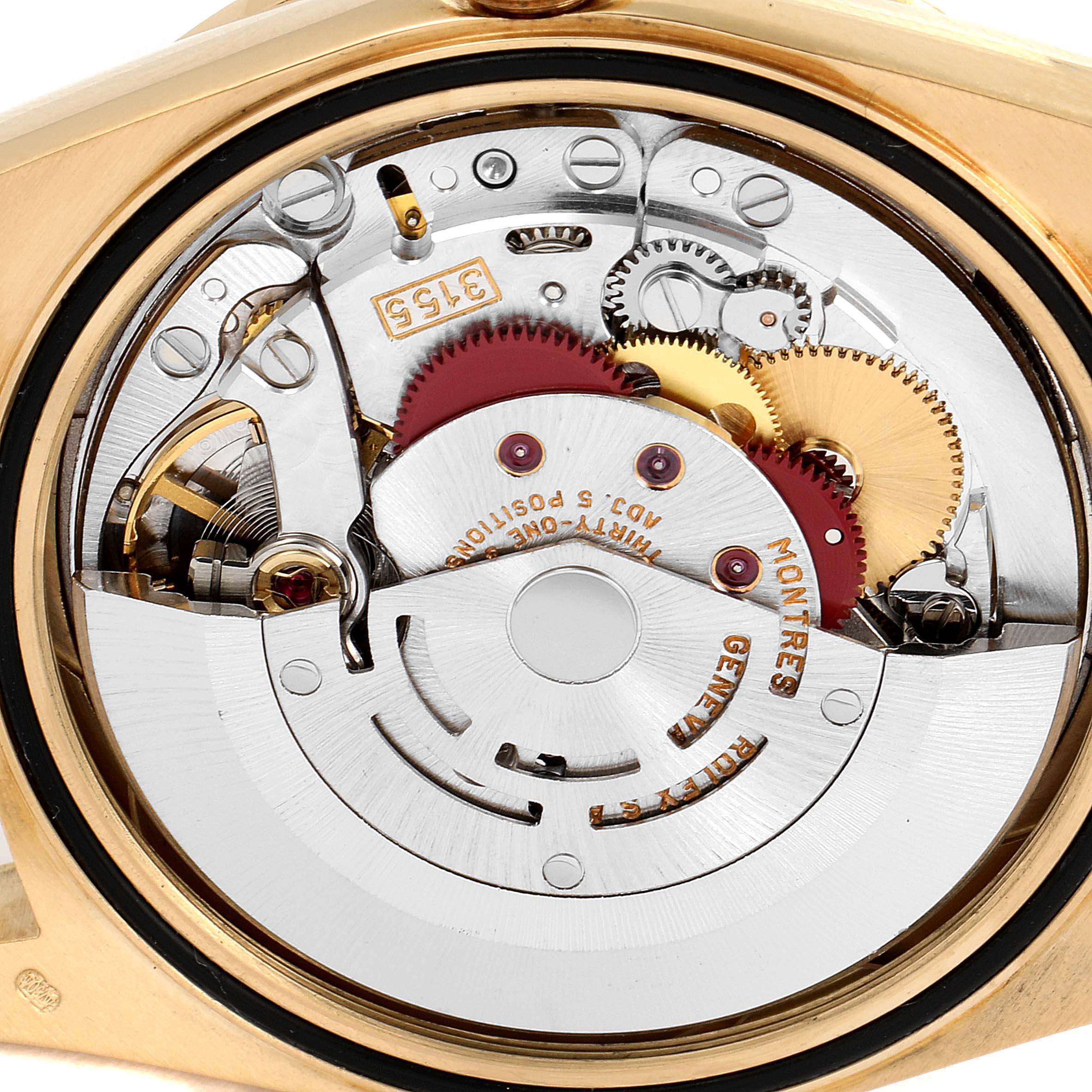 This image shows the inner movement components of a Rolex President 18388 Men
s Yellow Gold Black Dial 18388 Men
s Yellow Gold Black Dial model watch, viewed from the back.