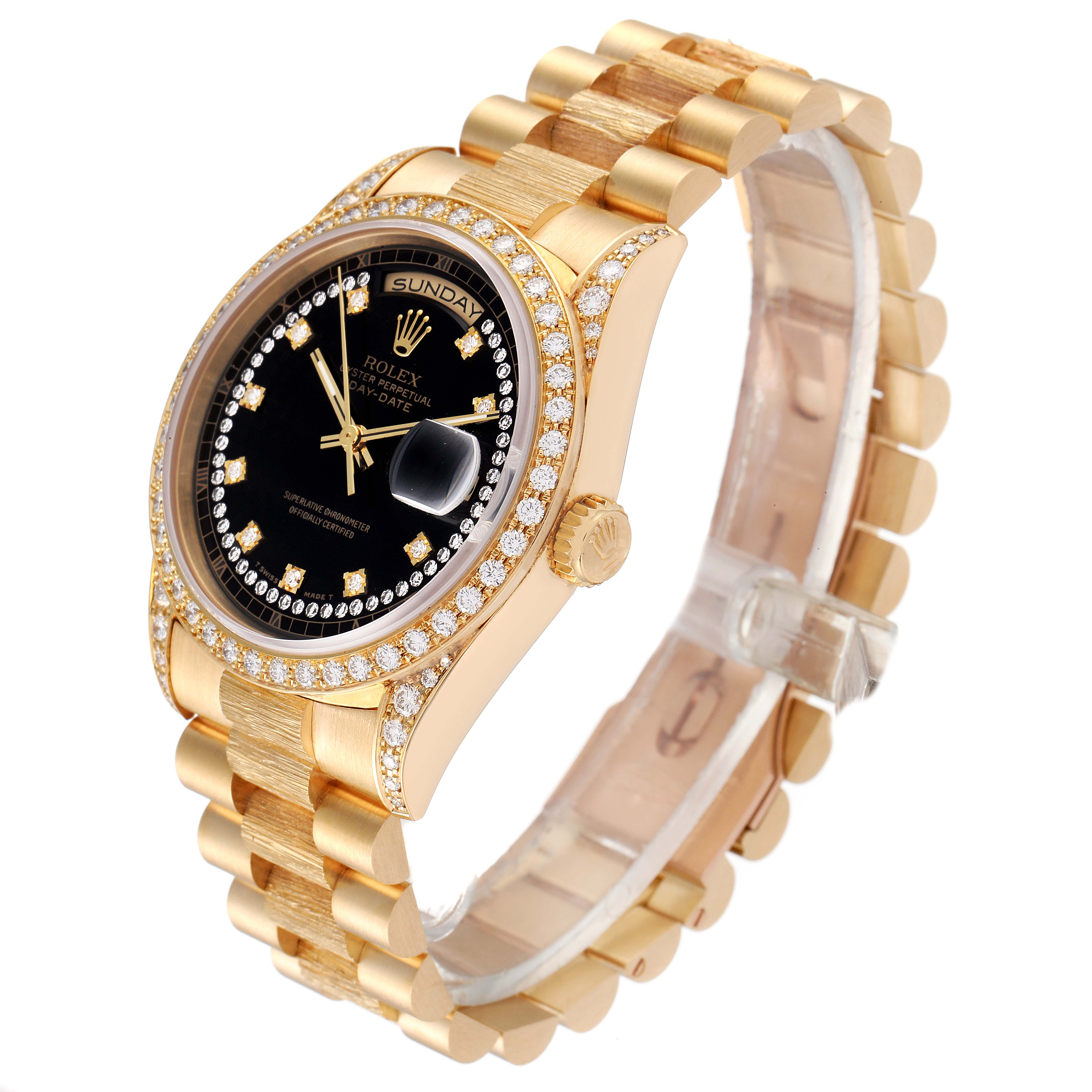The Rolex President 18388 Men
s Yellow Gold Black Dial 18388 Men
s Yellow Gold Black Dial model watch is shown at a slight angle, displaying the gold bracelet, black dial, and diamond bezel.