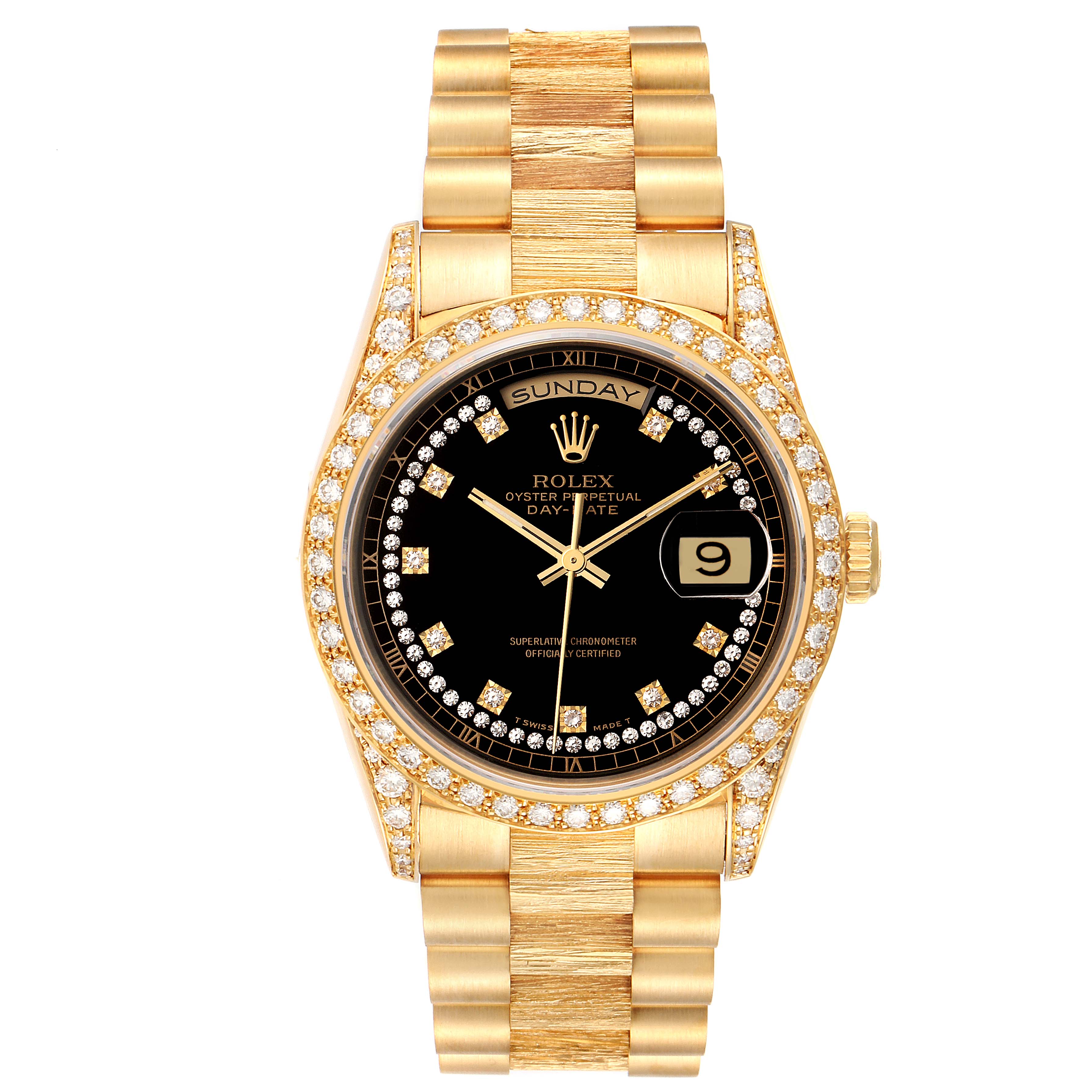 This image shows a front view of the Rolex President 18388 Men
s Yellow Gold Black Dial 18388 Men
s Yellow Gold Black Dial model watch, highlighting its gold bracelet, black dial, and diamond-set bezel.