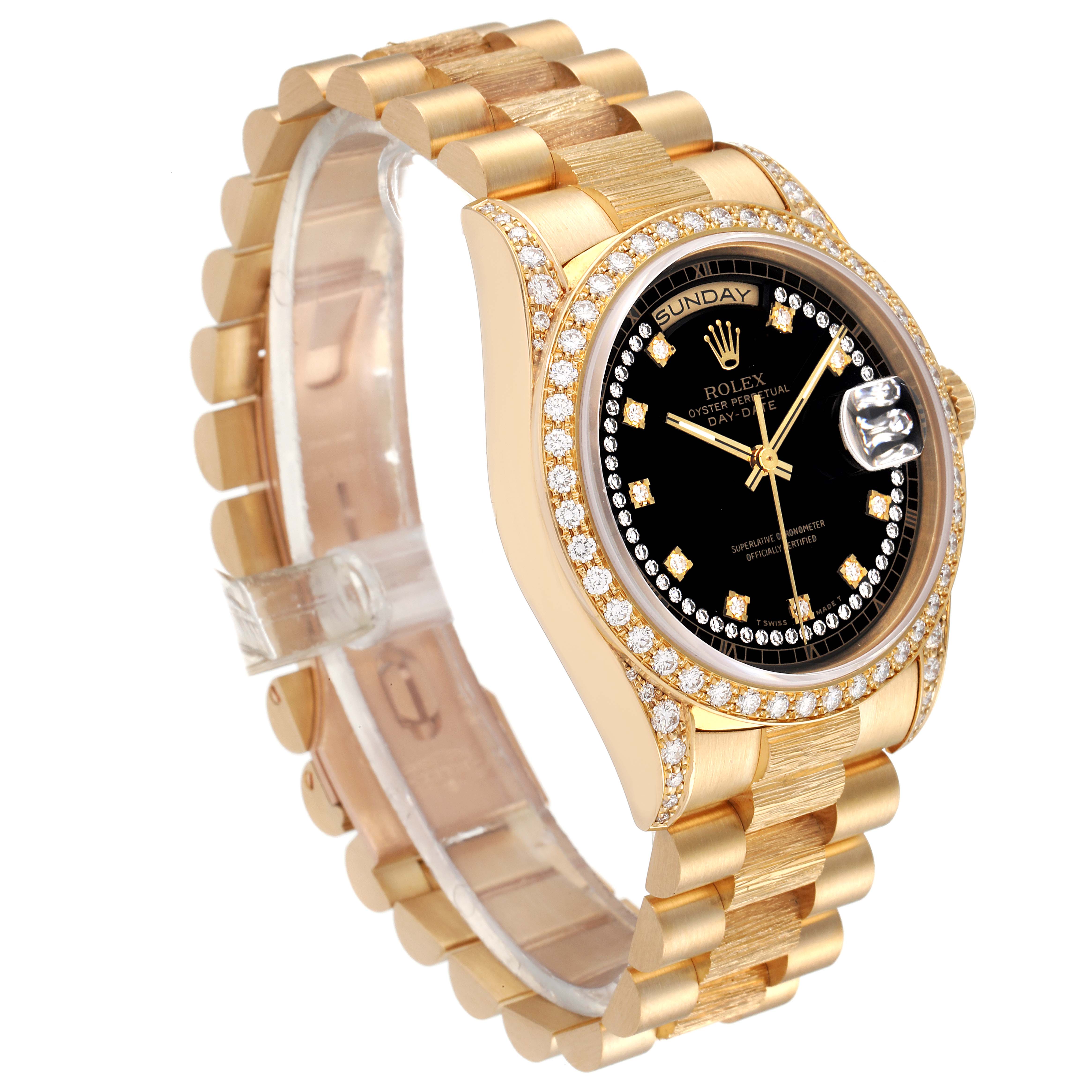 The image shows a side and front angle of a Rolex President 18388 Men
s Yellow Gold Black Dial 18388 Men
s Yellow Gold Black Dial model watch, highlighting its bejeweled bezel and gold bracelet.