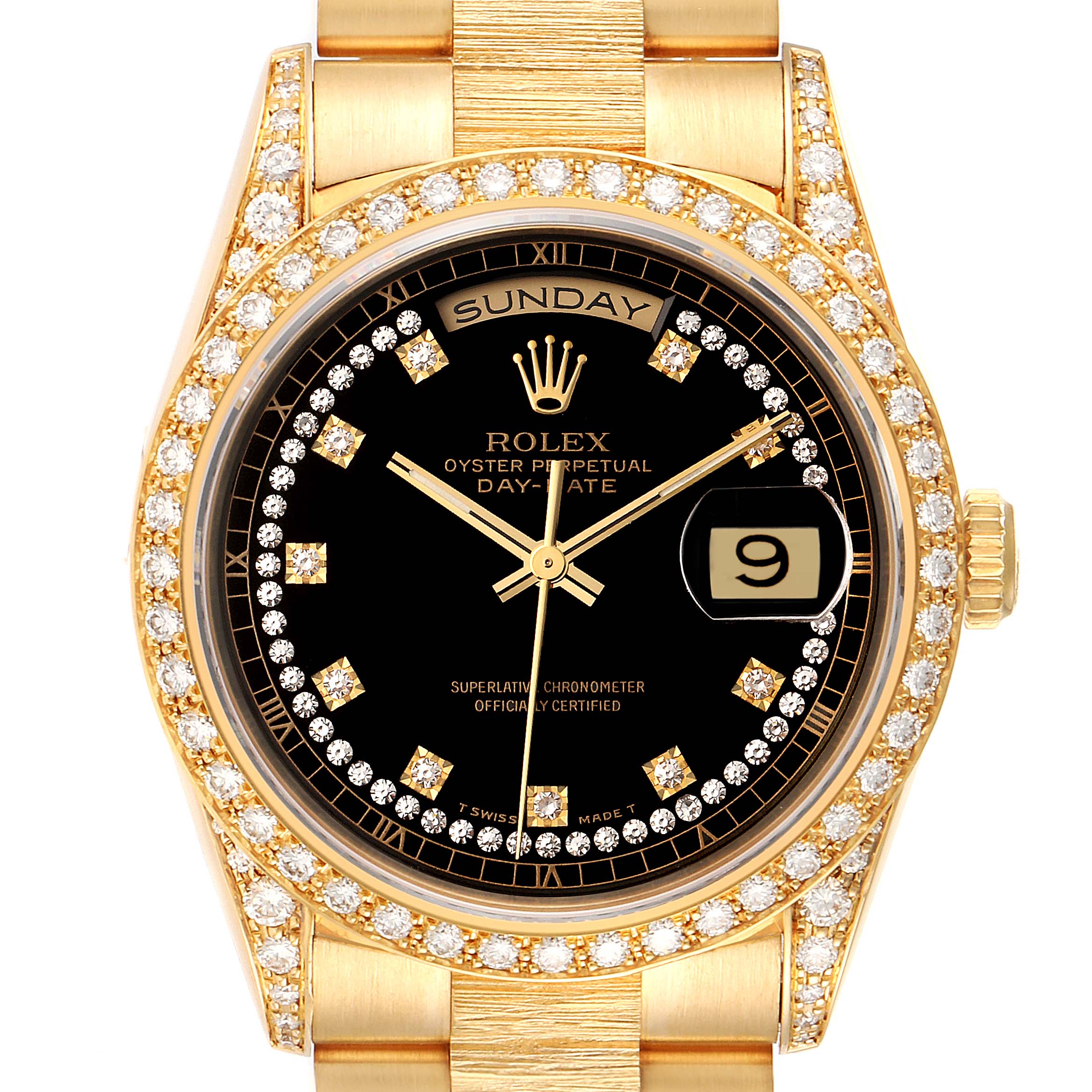 The image shows a frontal view of the Rolex President 18388 Men
s Yellow Gold Black Dial 18388 Men
s Yellow Gold Black Dial Day-Date watch, highlighting the black dial, gold case, diamond bezel, and bracelet.