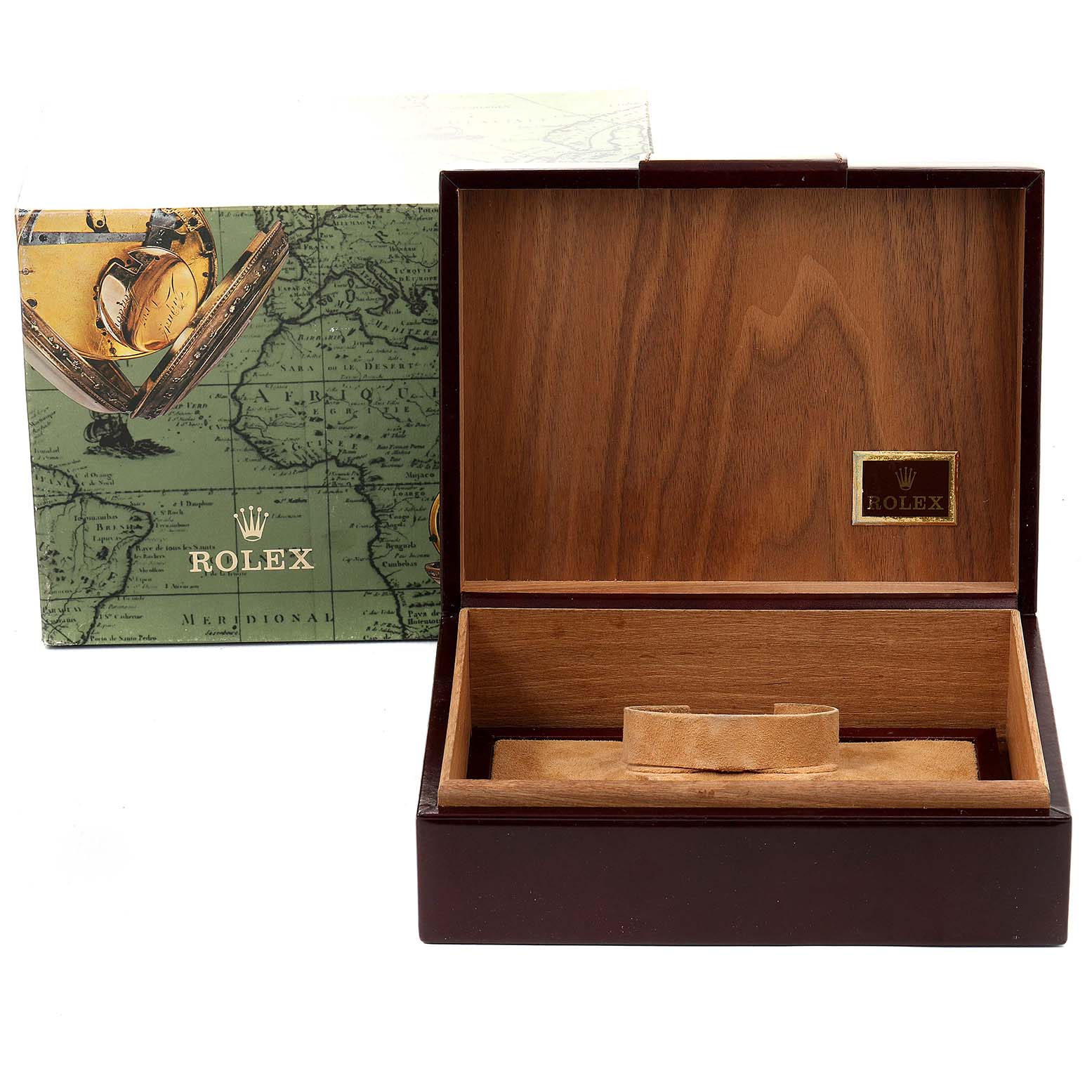 The image shows an empty wooden box for the Rolex President 18388 Men
s Yellow Gold Black Dial 18388 Men
s Yellow Gold Black Dial model, with a detailed outer packaging featuring the Rolex logo.