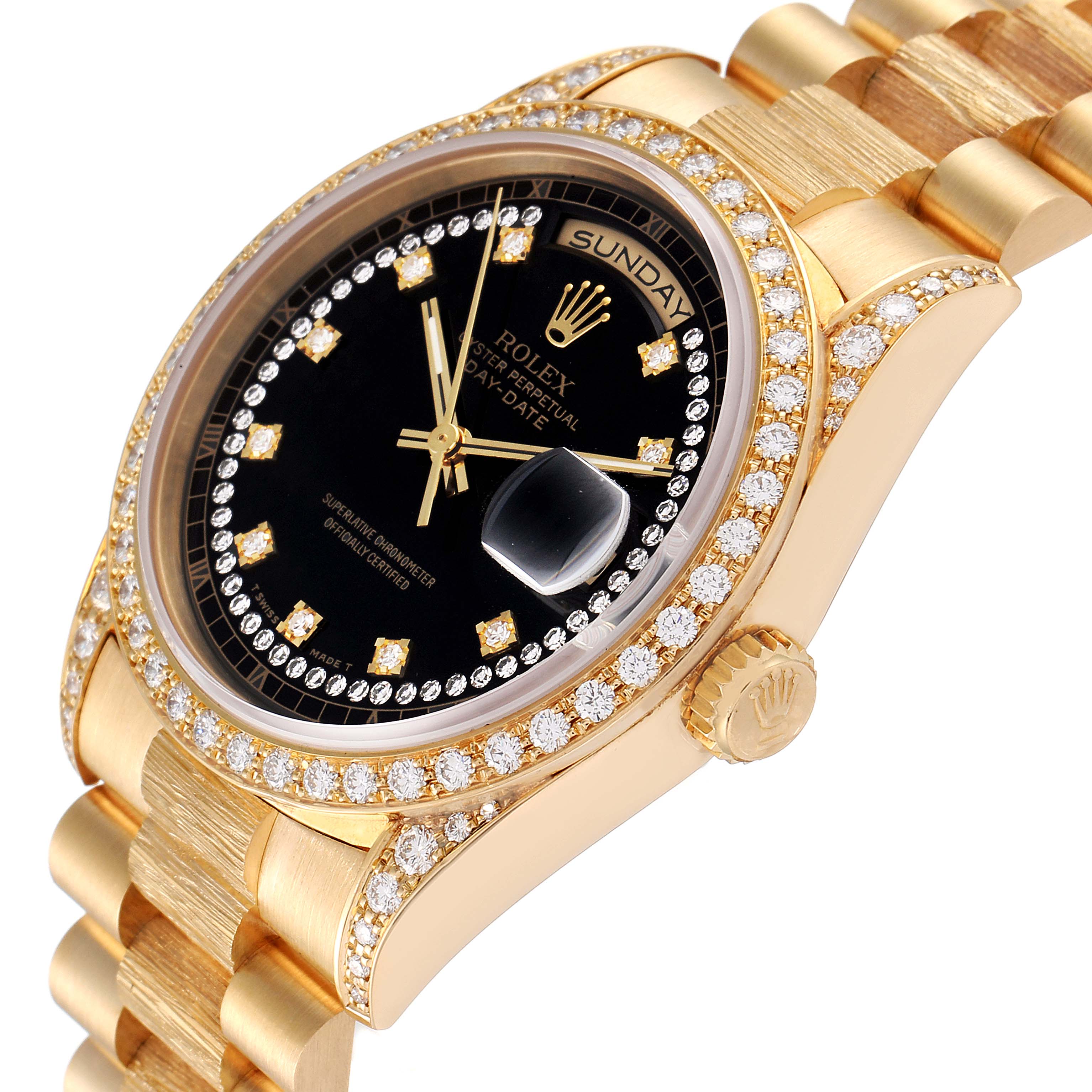 This image shows a President model Rolex watch from a slightly tilted side angle, highlighting its diamond-studded bezel and bracelet.
