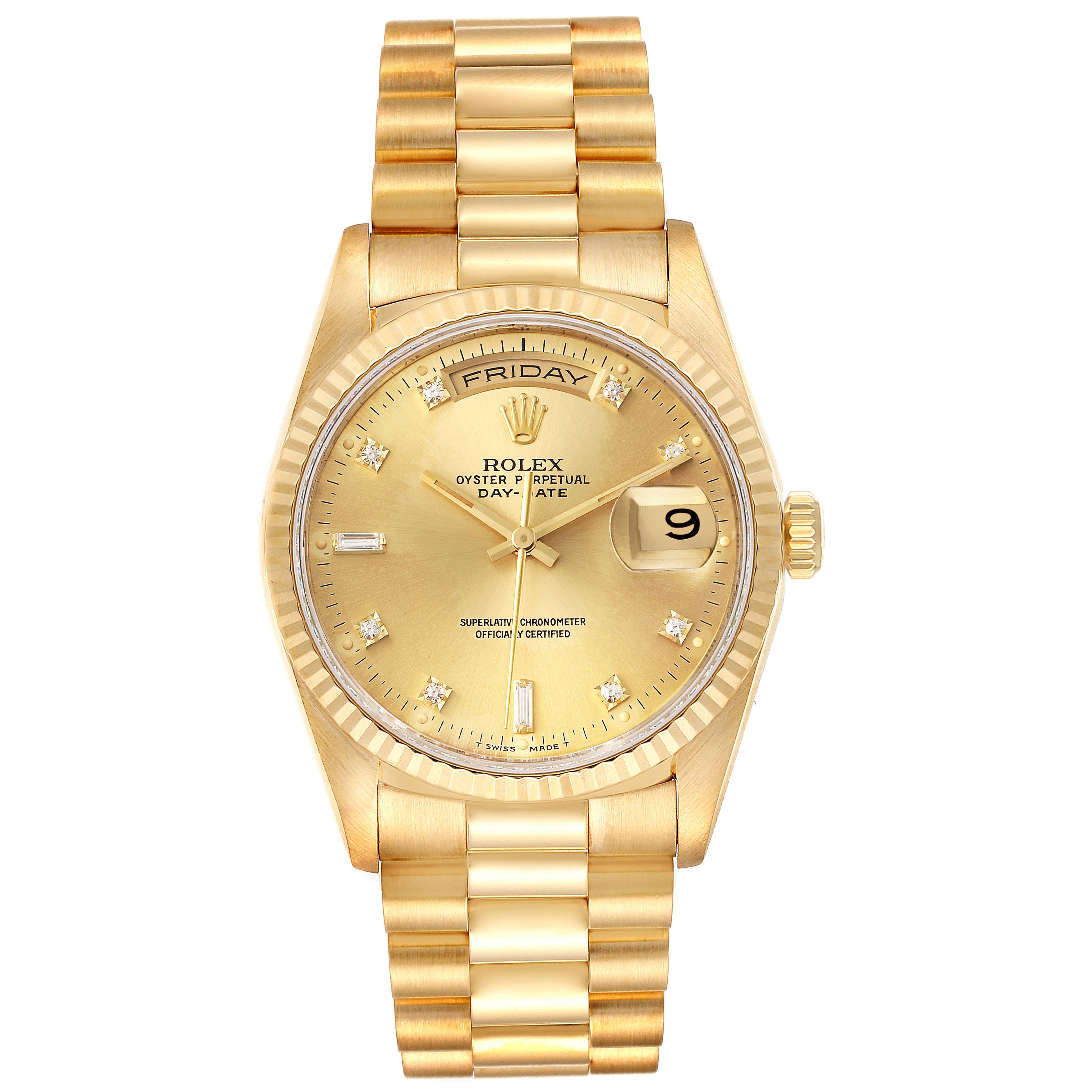 This is a front view of the Rolex President 18238 Men
s Yellow Gold Champagne Dial 18238 Men
s Yellow Gold Champagne Dial model watch, showing the bracelet, dial, day, and date features.