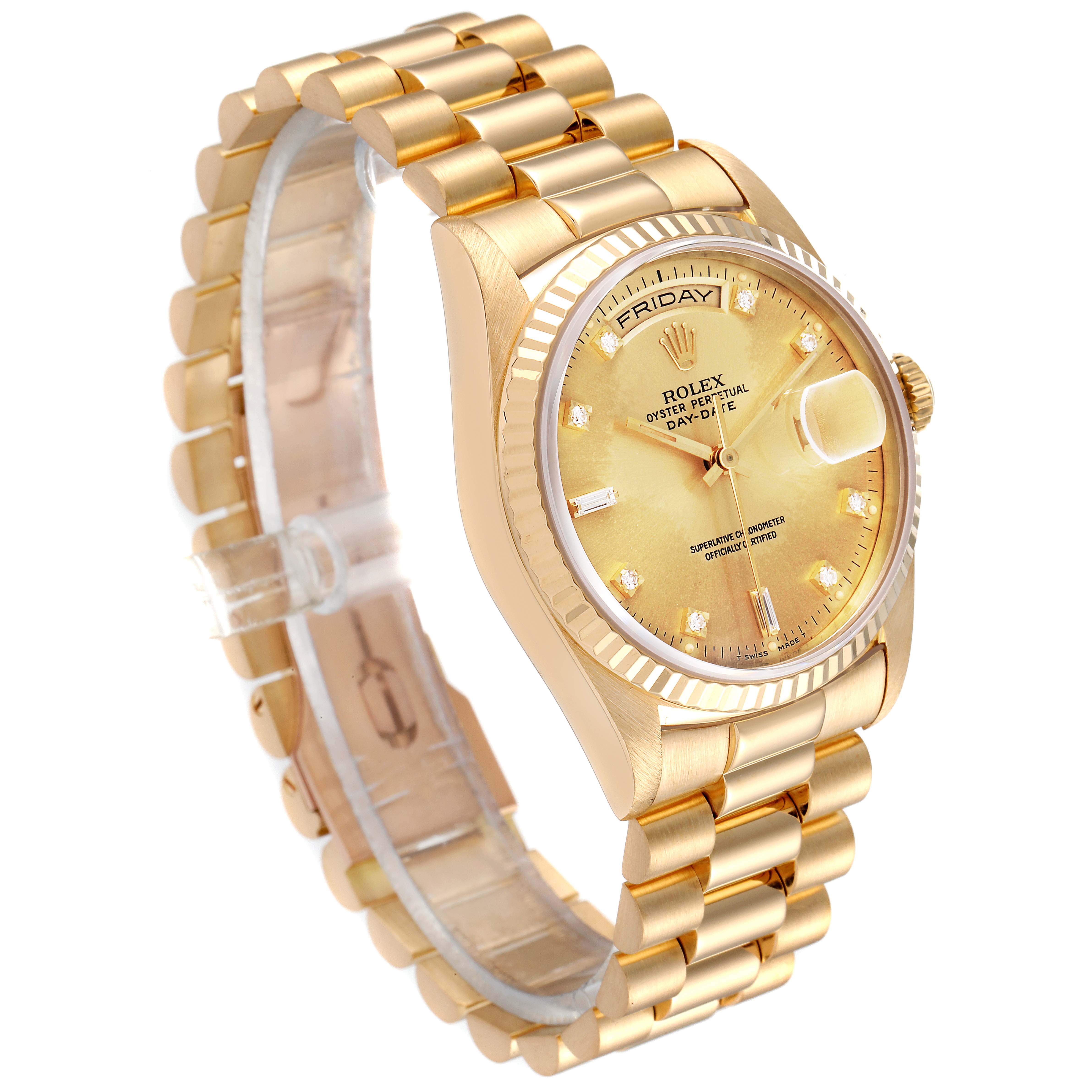 The image shows a diagonal view of the Rolex President 18238 Men
s Yellow Gold Champagne Dial 18238 Men
s Yellow Gold Champagne Dial model, emphasizing its gold strap and face with day and date displays.