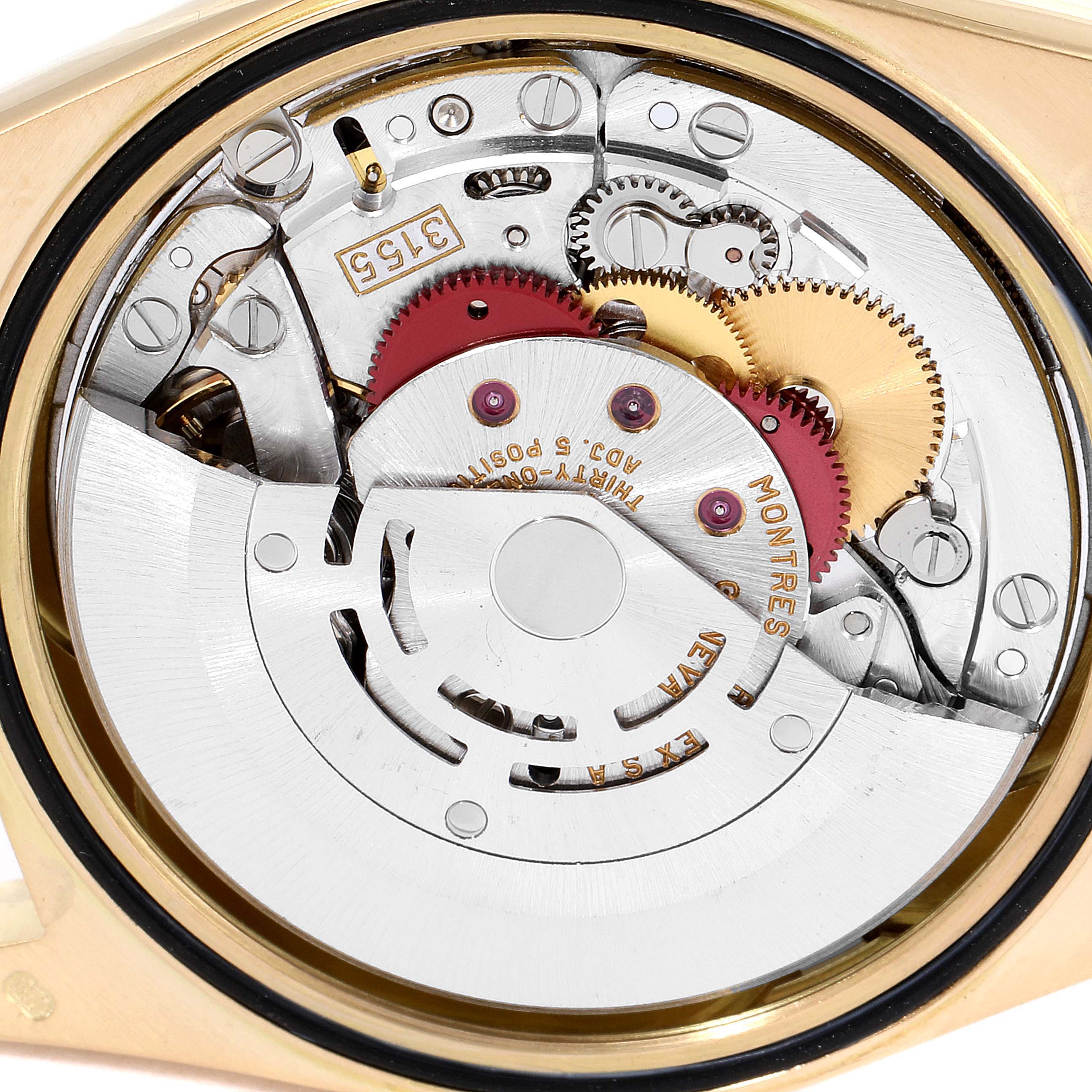 This image shows a close-up view of the movement mechanism of a Rolex President 18238 Men
s Yellow Gold Champagne Dial 18238 Men
s Yellow Gold Champagne Dial model watch.