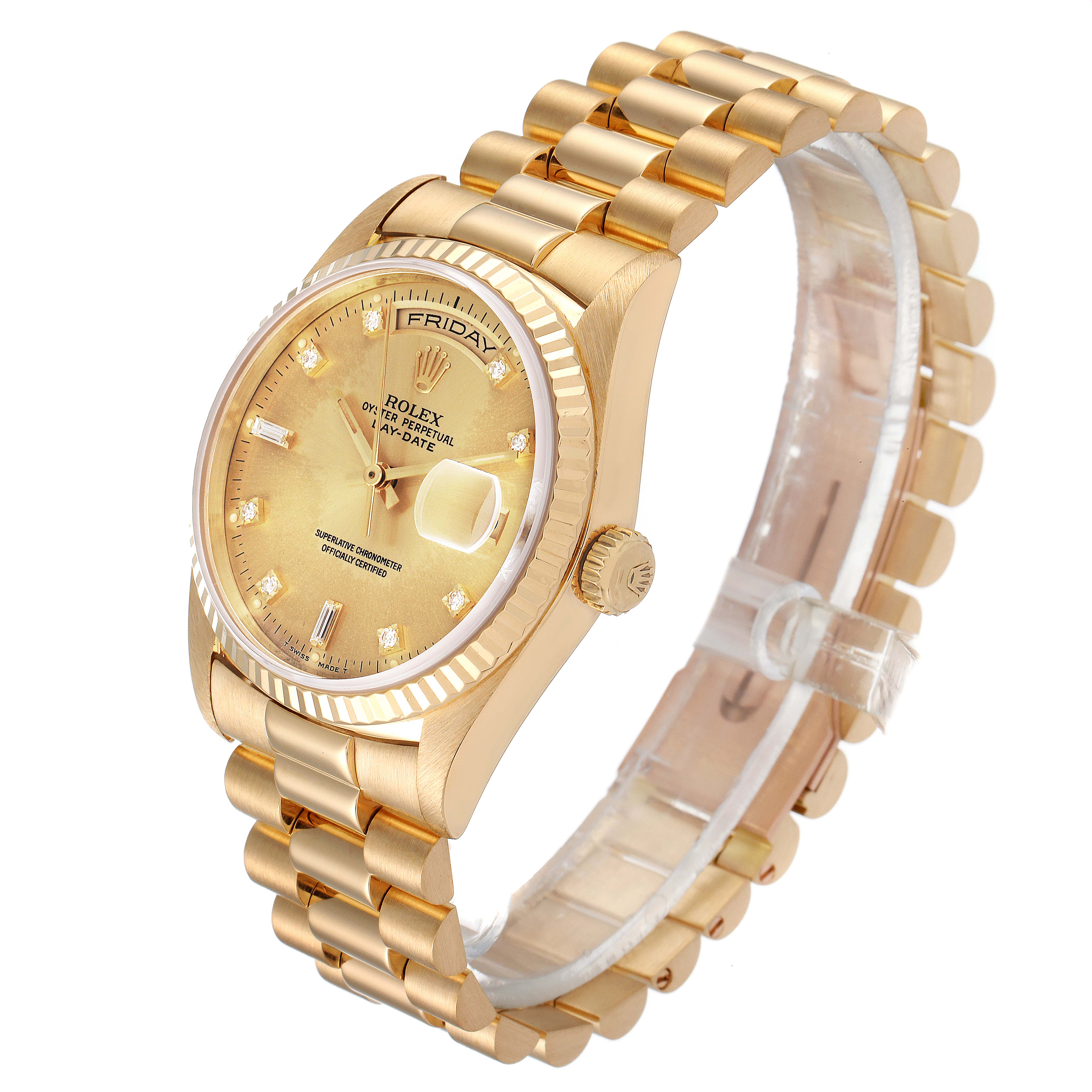 The Rolex President 18238 Men
s Yellow Gold Champagne Dial 18238 Men
s Yellow Gold Champagne Dial model watch is shown at an angle displaying its face, bracelet, and side crown.