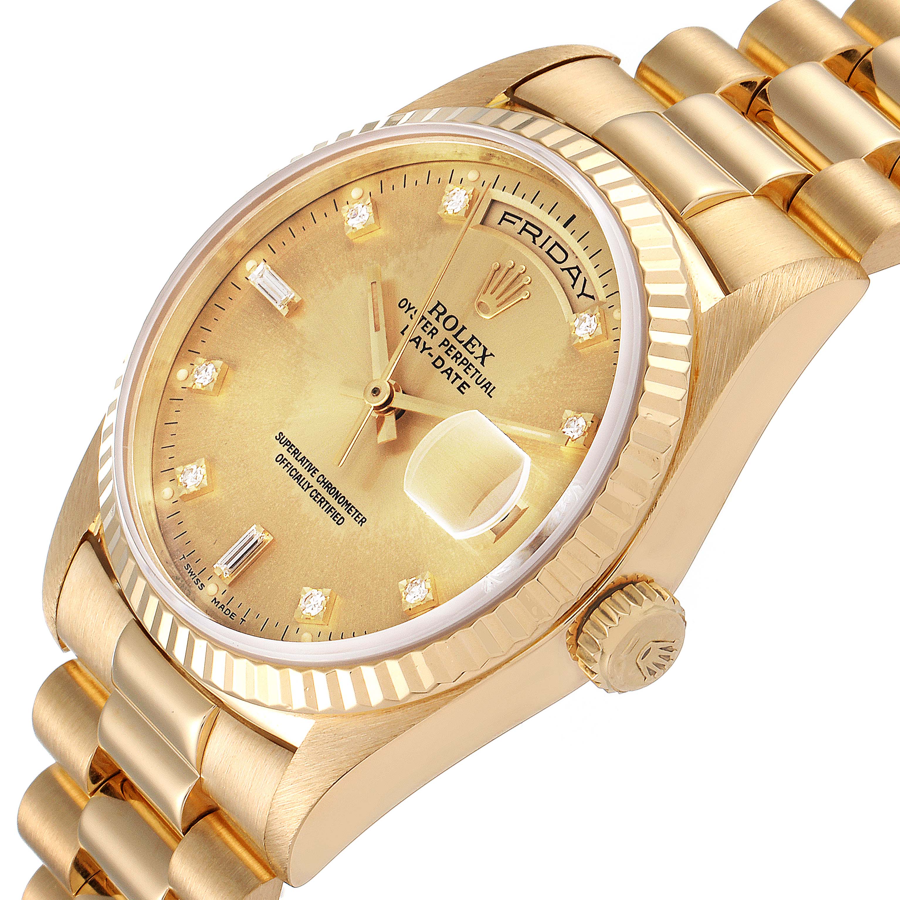This image shows a close-up, angled view of the dial and part of the bracelet of a Rolex President 18238 Men
s Yellow Gold Champagne Dial 18238 Men
s Yellow Gold Champagne Dial watch.