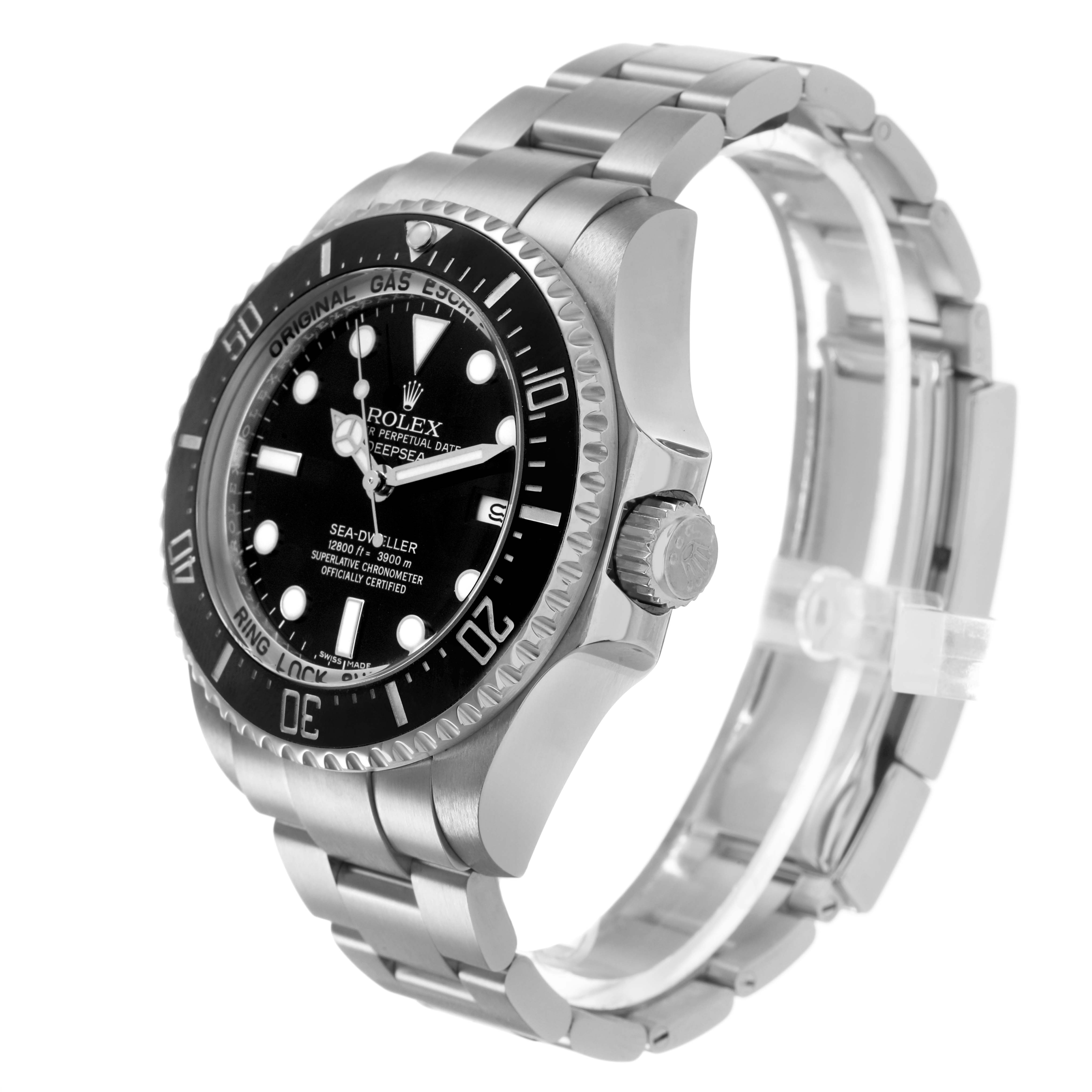 The Rolex Sea-Dweller 116660 Men's Stainless Steel Black Dial watch is shown at a slight angle, highlighting its face, bezel, crown, and bracelet.