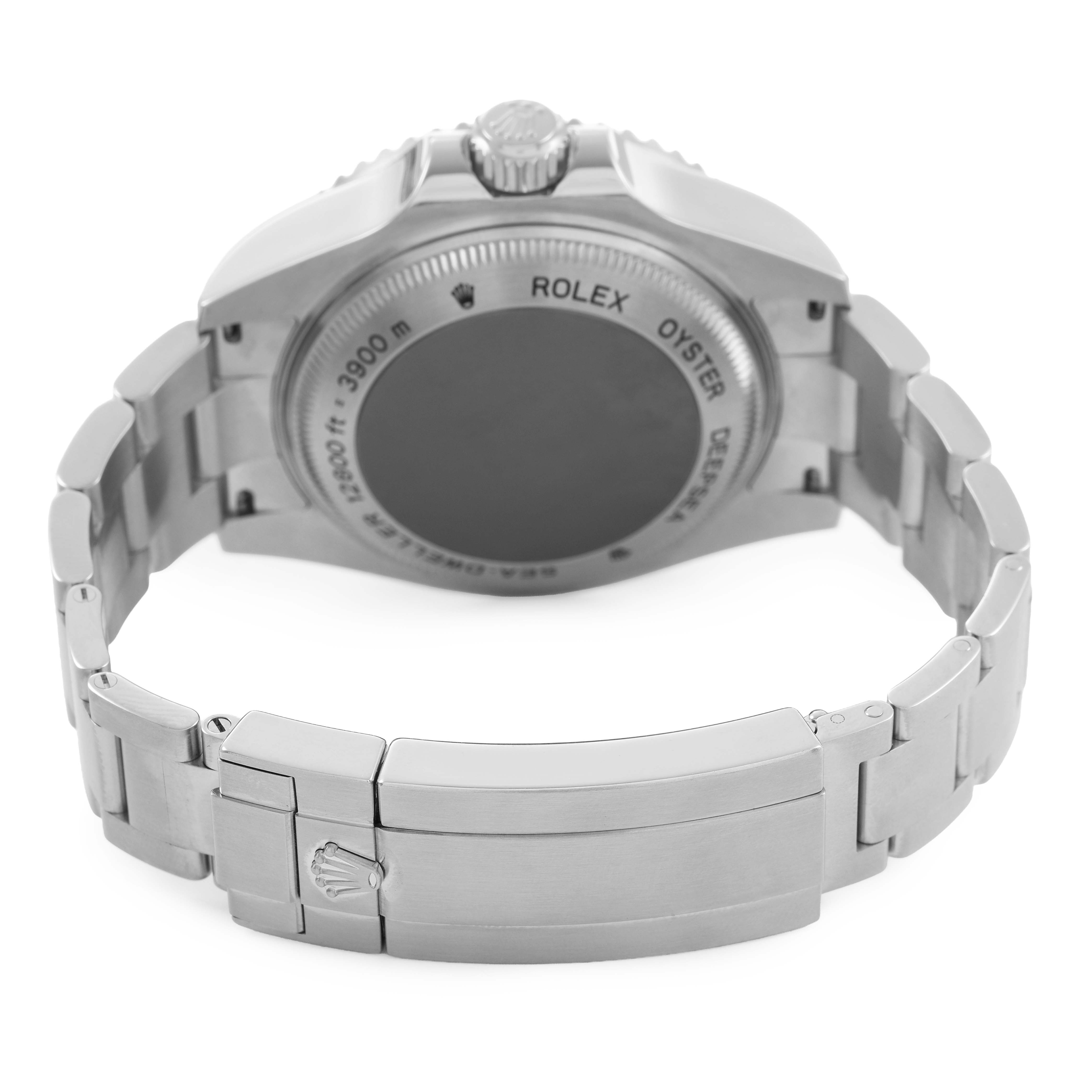 The Rolex Sea-Dweller 116660 Men's Stainless Steel Black Dial is shown from the back, highlighting the case back, bracelet, and clasp.