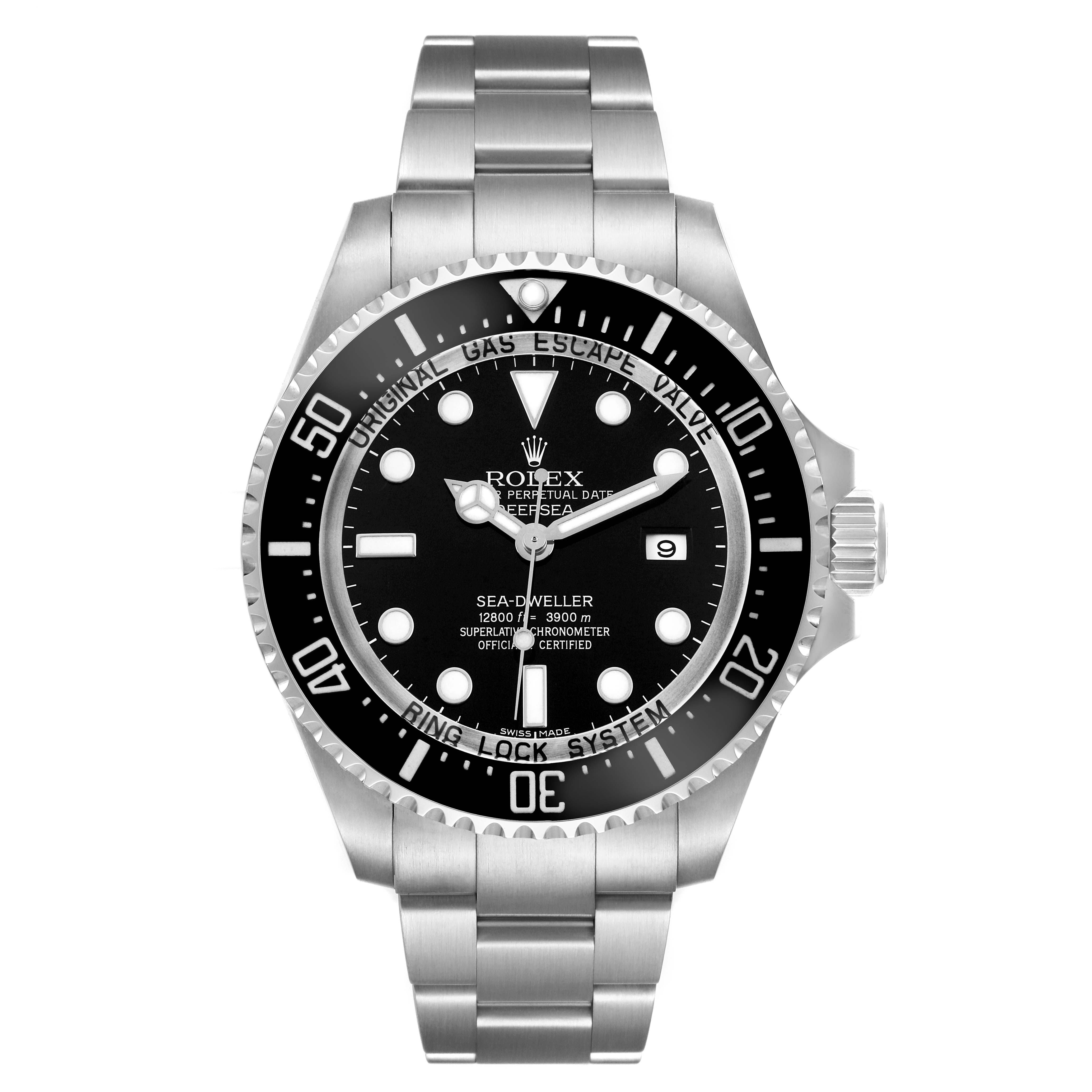 The Rolex Sea-Dweller 116660 Men's Stainless Steel Black Dial watch is shown from the front, displaying the dial, bezel, case, and bracelet.