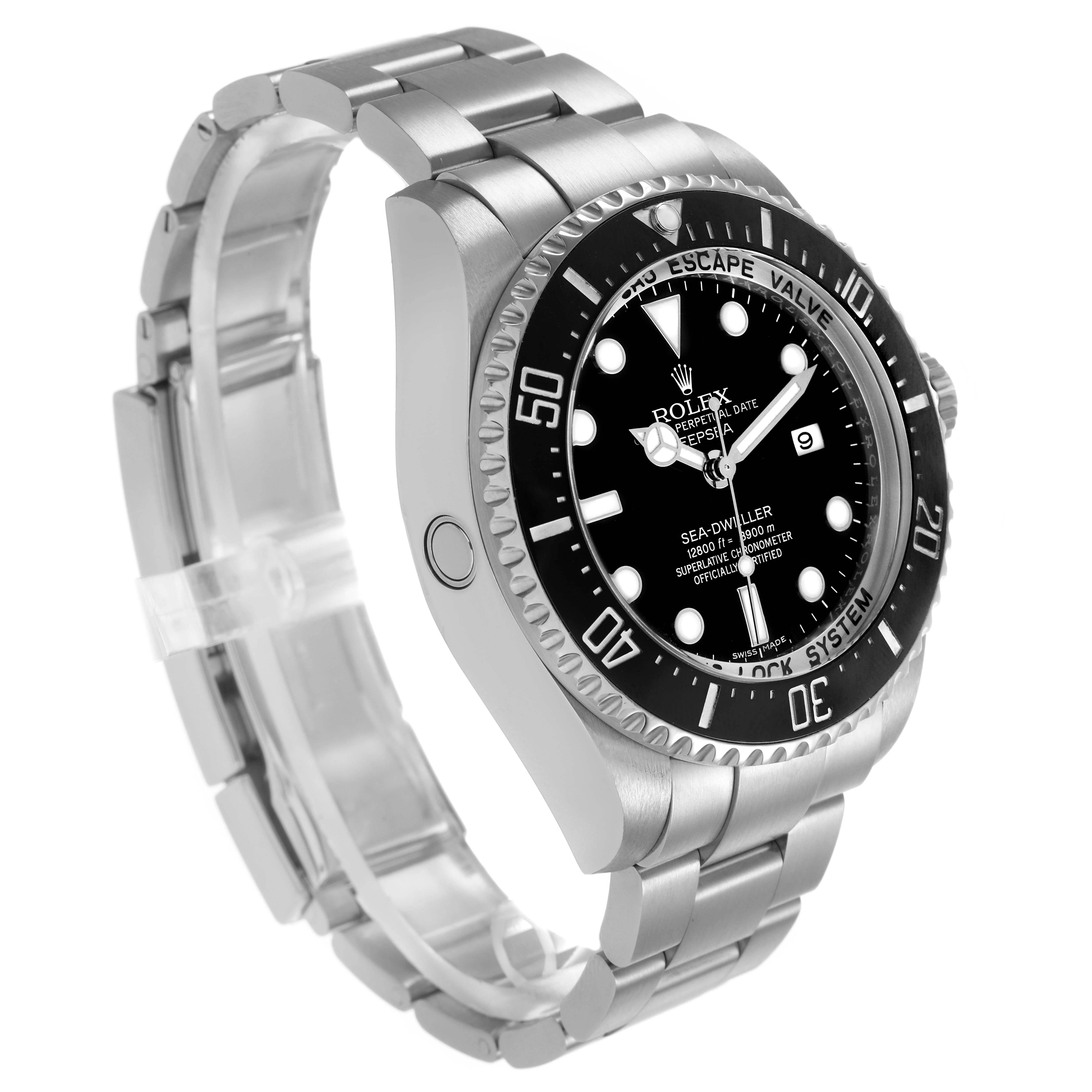 The Rolex Sea-Dweller 116660 Men's Stainless Steel Black Dial watch is shown from a three-quarter angle, highlighting the dial, bezel, crown, and bracelet.