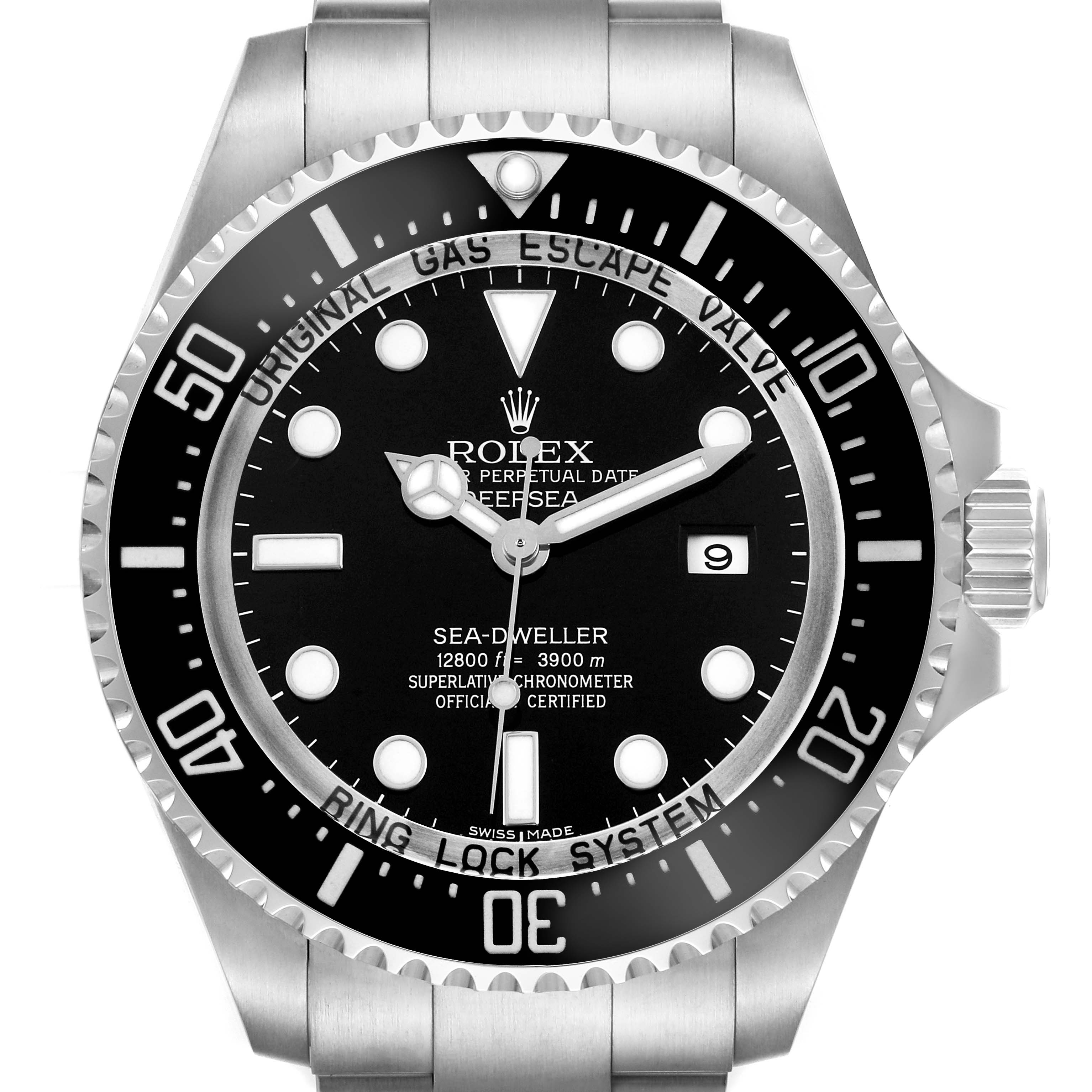 The image shows a frontal view of a Rolex Sea-Dweller 116660 Men's Stainless Steel Black Dial watch, highlighting the bezel, dial, and crown.