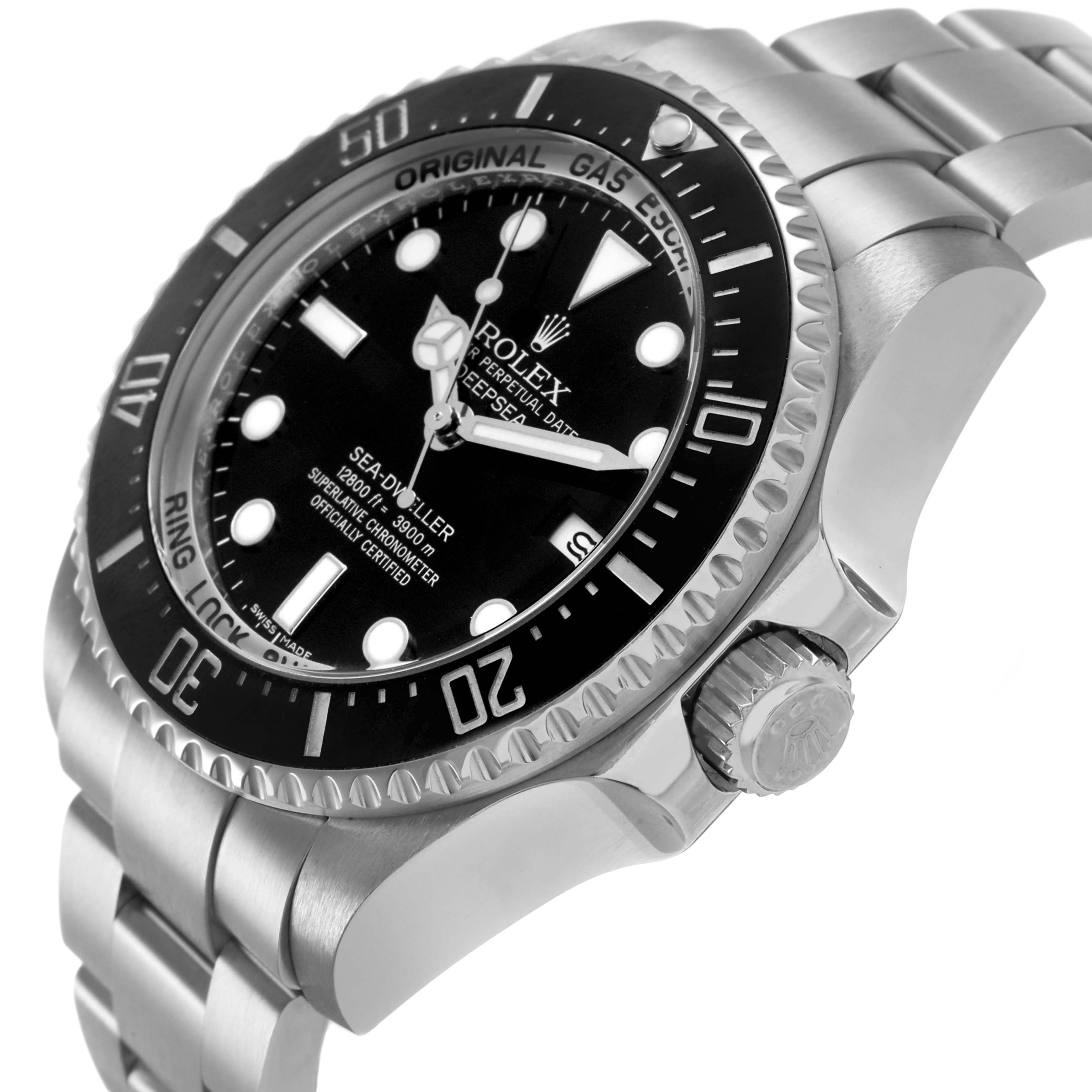 The Rolex Sea-Dweller 116660 Men's Stainless Steel Black Dial is shown at an oblique angle highlighting the bezel, crown, and bracelet links.