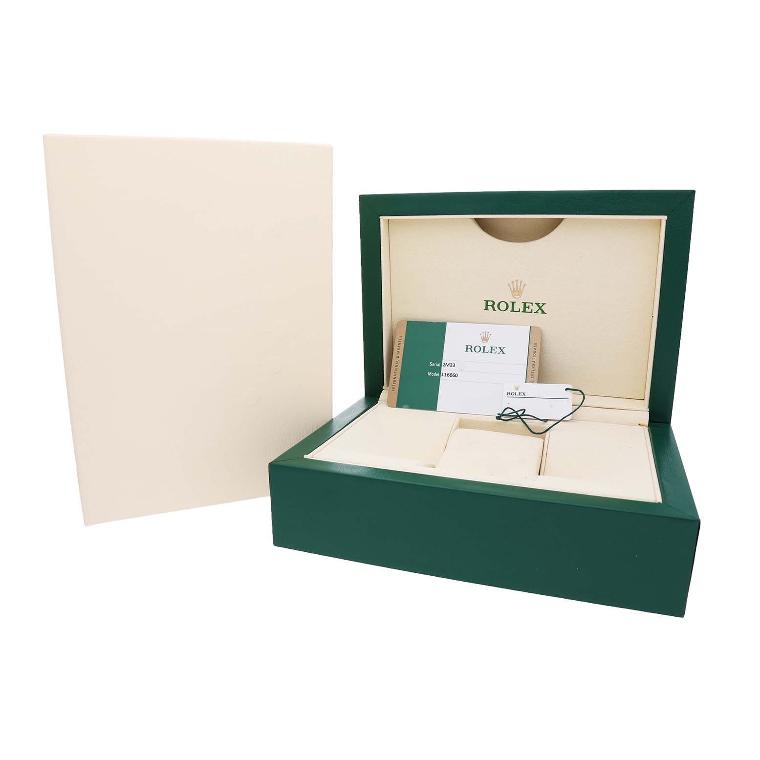 The image shows the open display box for a Rolex Sea-Dweller 116660 Men's Stainless Steel Black Dial, revealing the interior, card, and tag.