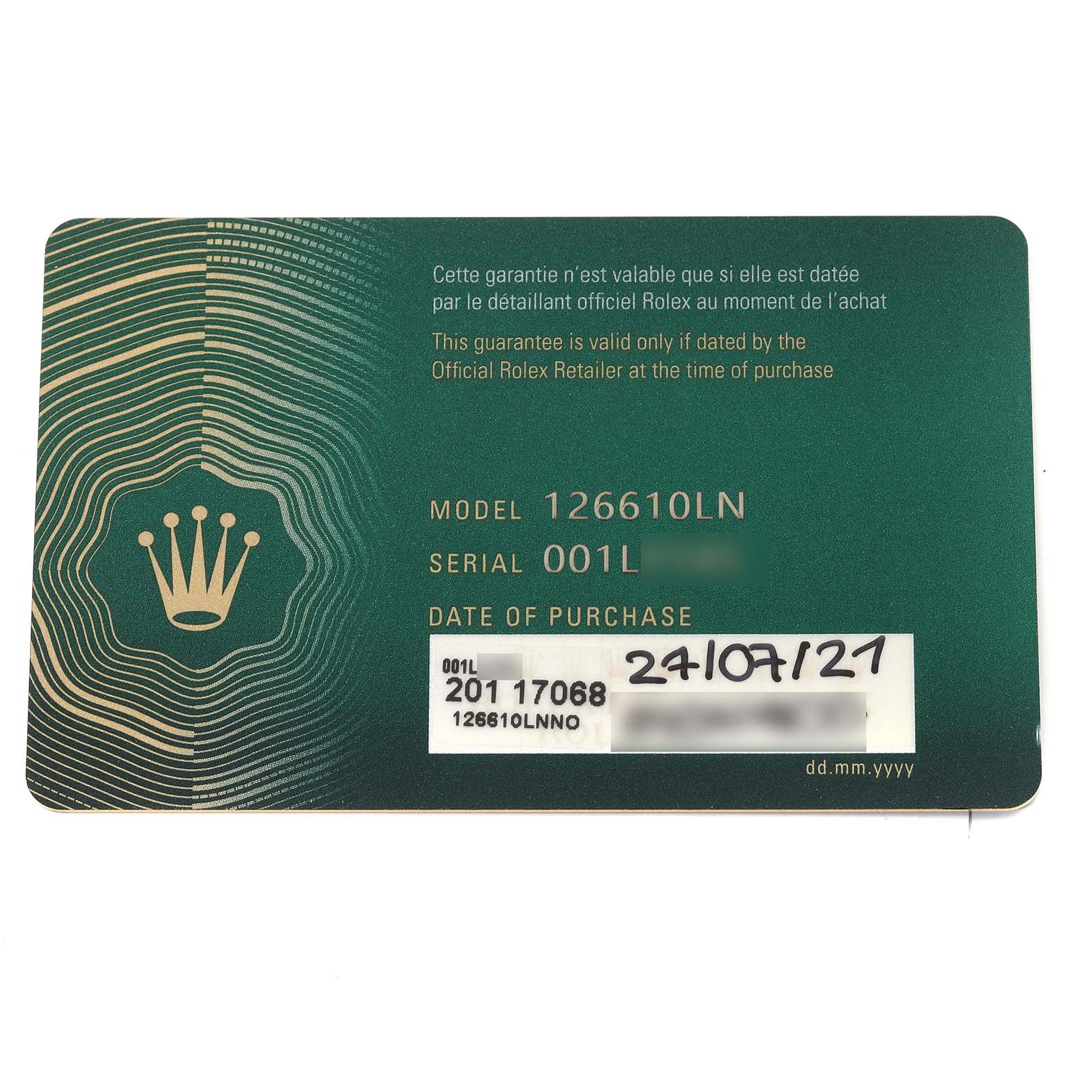The image shows the warranty card for a Rolex Submariner 126610LN Men's Stainless Steel Black Dial 126610LN Men's Stainless Steel Black Dial model 126610LN.