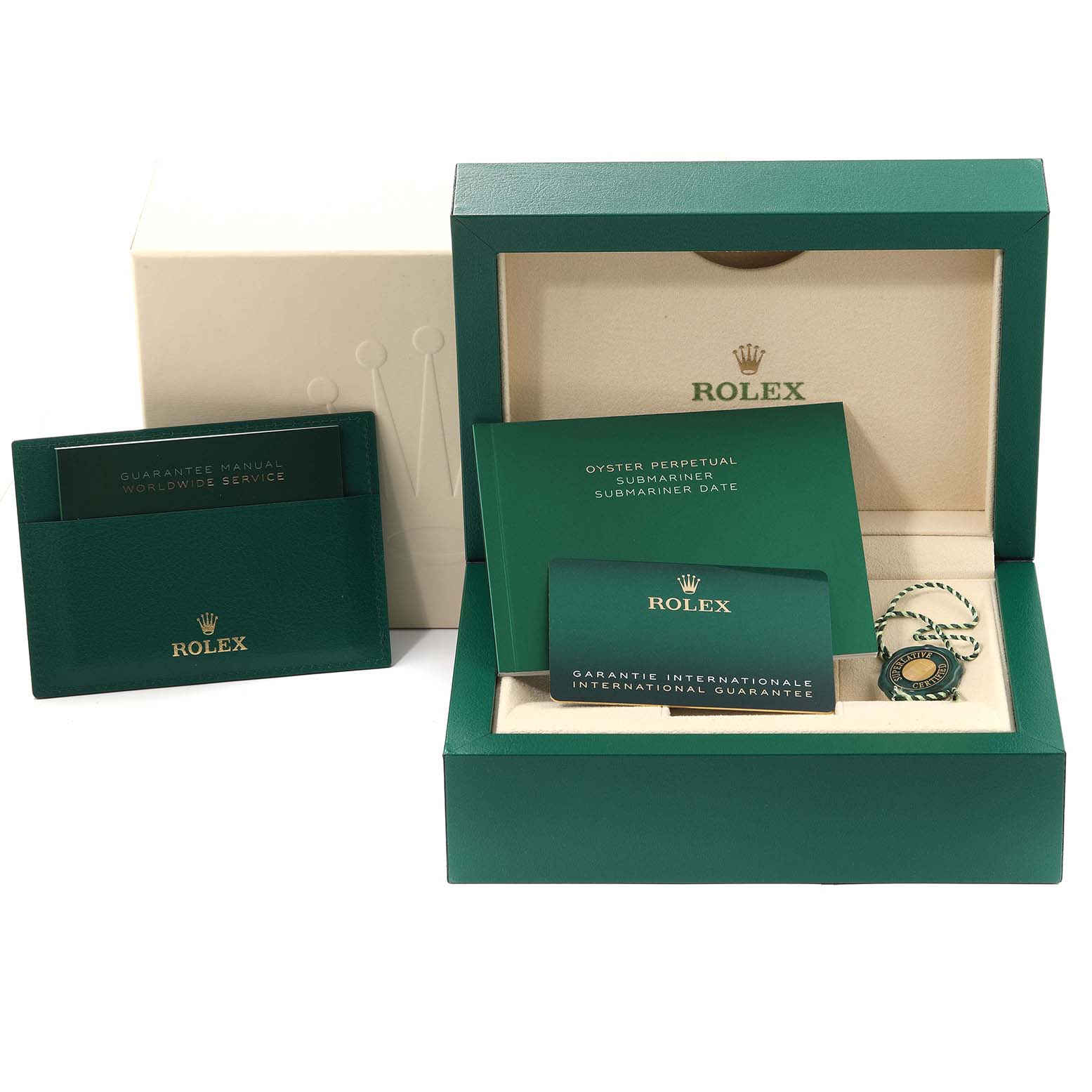 This image shows the packaging, warranty card, manual, and tags for the Rolex Submariner 126610LN Men's Stainless Steel Black Dial 126610LN Men's Stainless Steel Black Dial model.