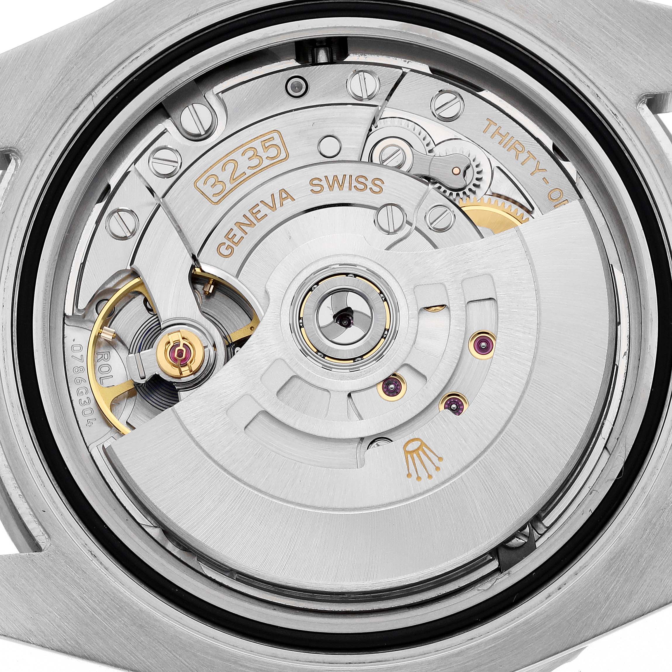 The image shows a close-up view of the movement inside a Rolex Submariner 126610LN Men's Stainless Steel Black Dial 126610LN Men's Stainless Steel Black Dial watch, specifically highlighting the caliber 3235 mechanism.