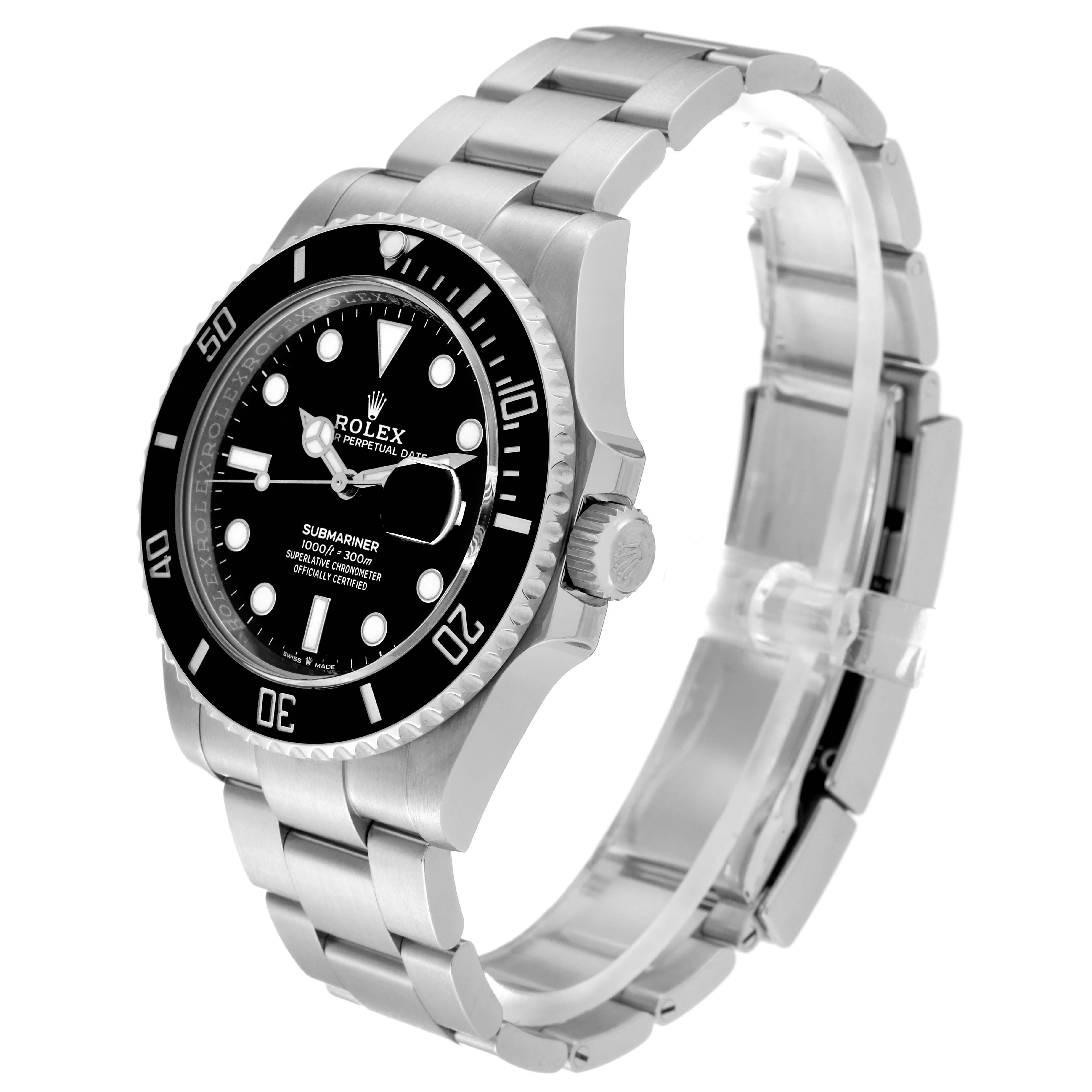 The Rolex Submariner 126610LN Men's Stainless Steel Black Dial 126610LN Men's Stainless Steel Black Dial watch is shown at a three-quarter angle highlighting the face, bezel, crown, and bracelet.