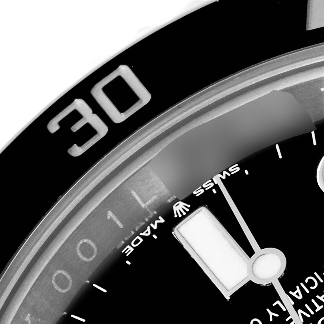 The image shows a close-up of the Rolex Submariner 126610LN Men's Stainless Steel Black Dial 126610LN Men's Stainless Steel Black Dial watch bezel and part of the dial, including the "30" marker and the watch hands.