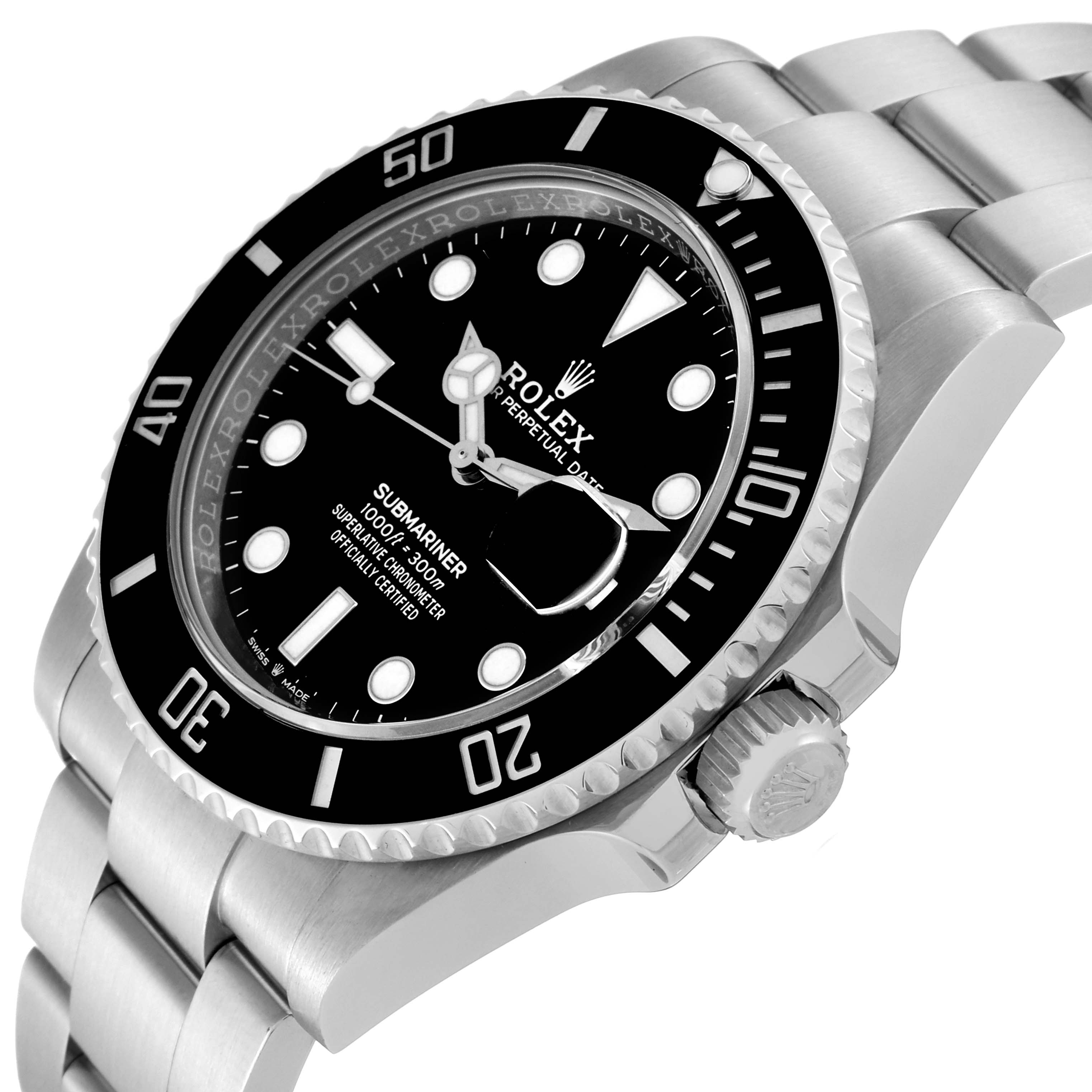 This image shows a close-up angle of a Rolex Submariner 126610LN Men's Stainless Steel Black Dial 126610LN Men's Stainless Steel Black Dial watch, highlighting the bezel, dial, and bracelet.
