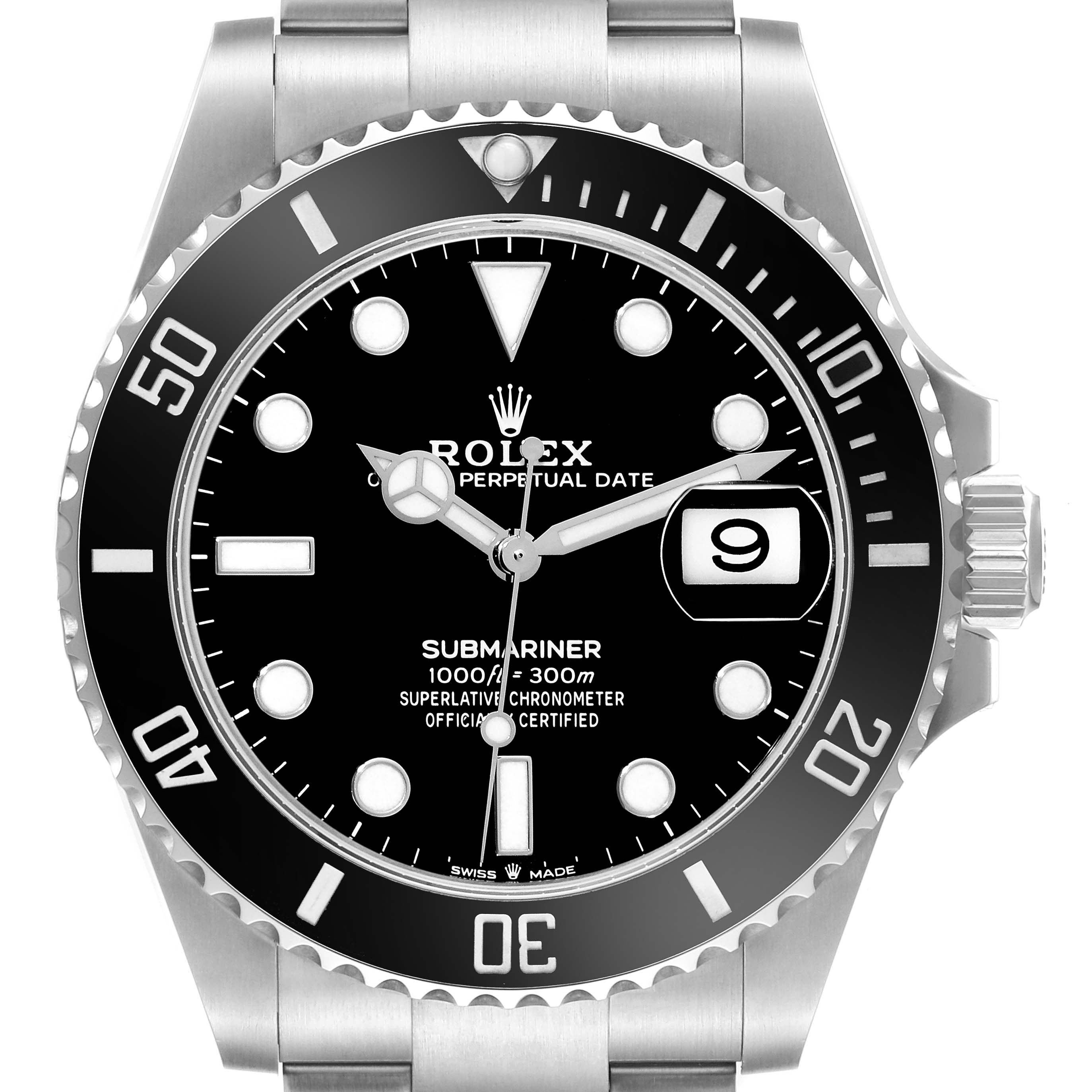 The image shows a front view of the Rolex Submariner 126610LN Men's Stainless Steel Black Dial 126610LN Men's Stainless Steel Black Dial, displaying the dial, bezel, hands, and date window.