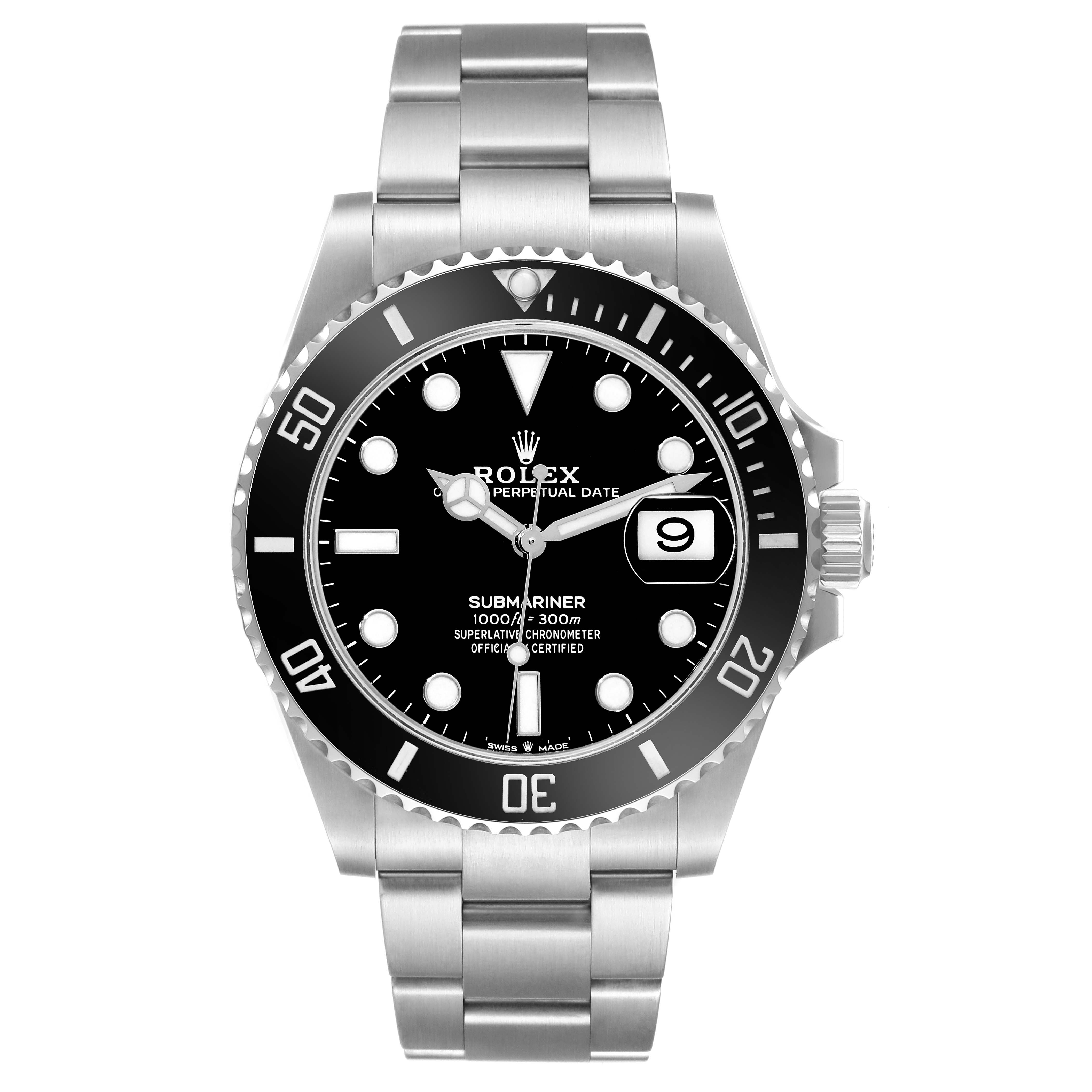 The image shows the front view of a Rolex Submariner 126610LN Men's Stainless Steel Black Dial 126610LN Men's Stainless Steel Black Dial watch, displaying its dial, bezel, bracelet, and date feature.