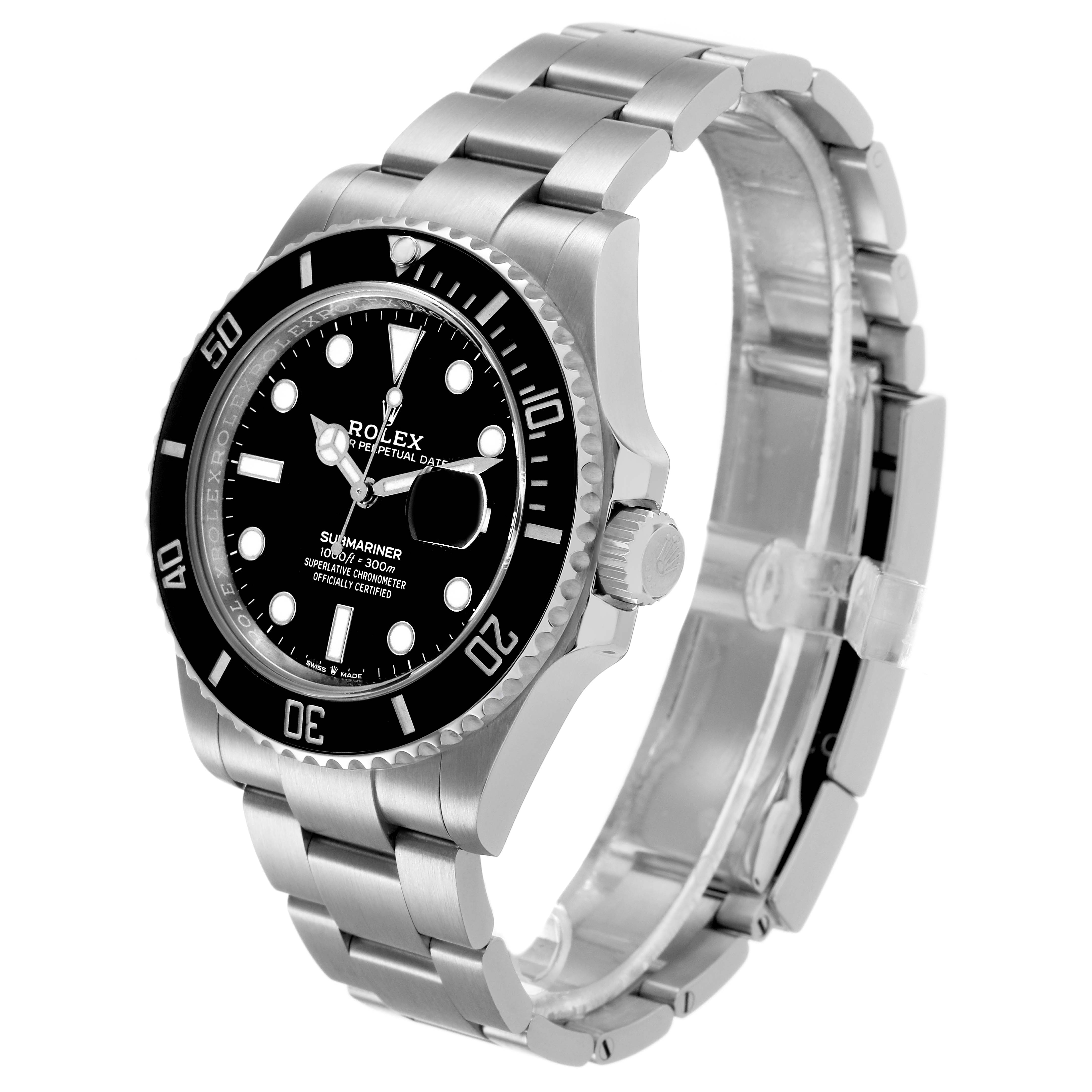 The Rolex Submariner 126610 Men's Stainless Steel Black Dial watch is shown at a three-quarter angle, displaying the bezel, dial, bracelet, and crown.