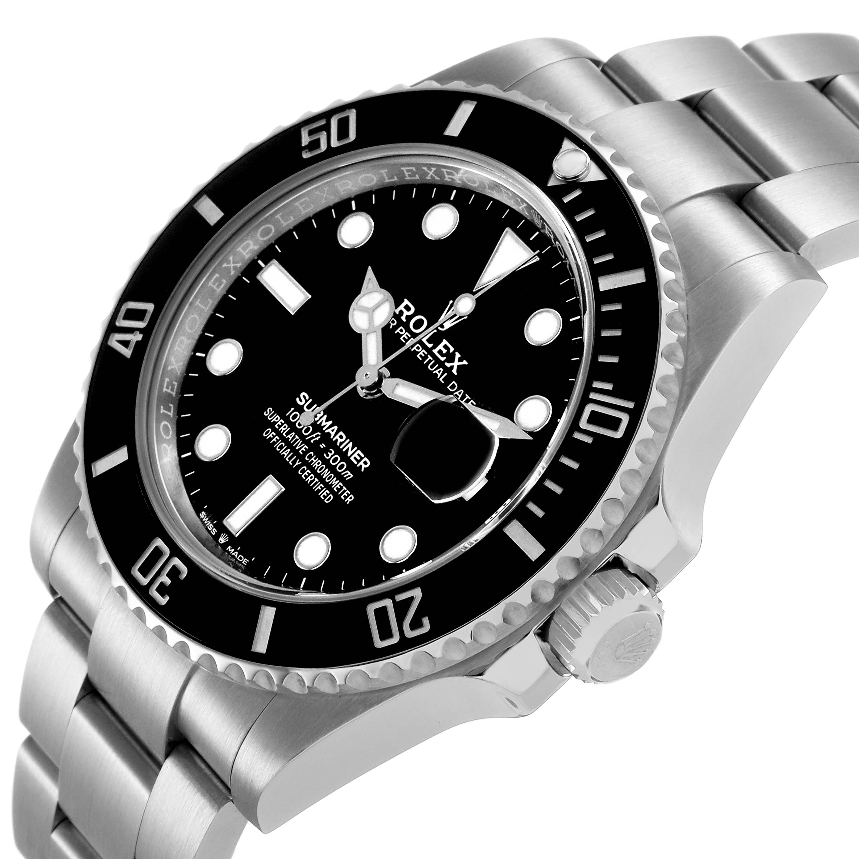 The Rolex Submariner 126610 Men's Stainless Steel Black Dial is shown at an angled view, featuring the bezel, dial, crown, and part of the bracelet.