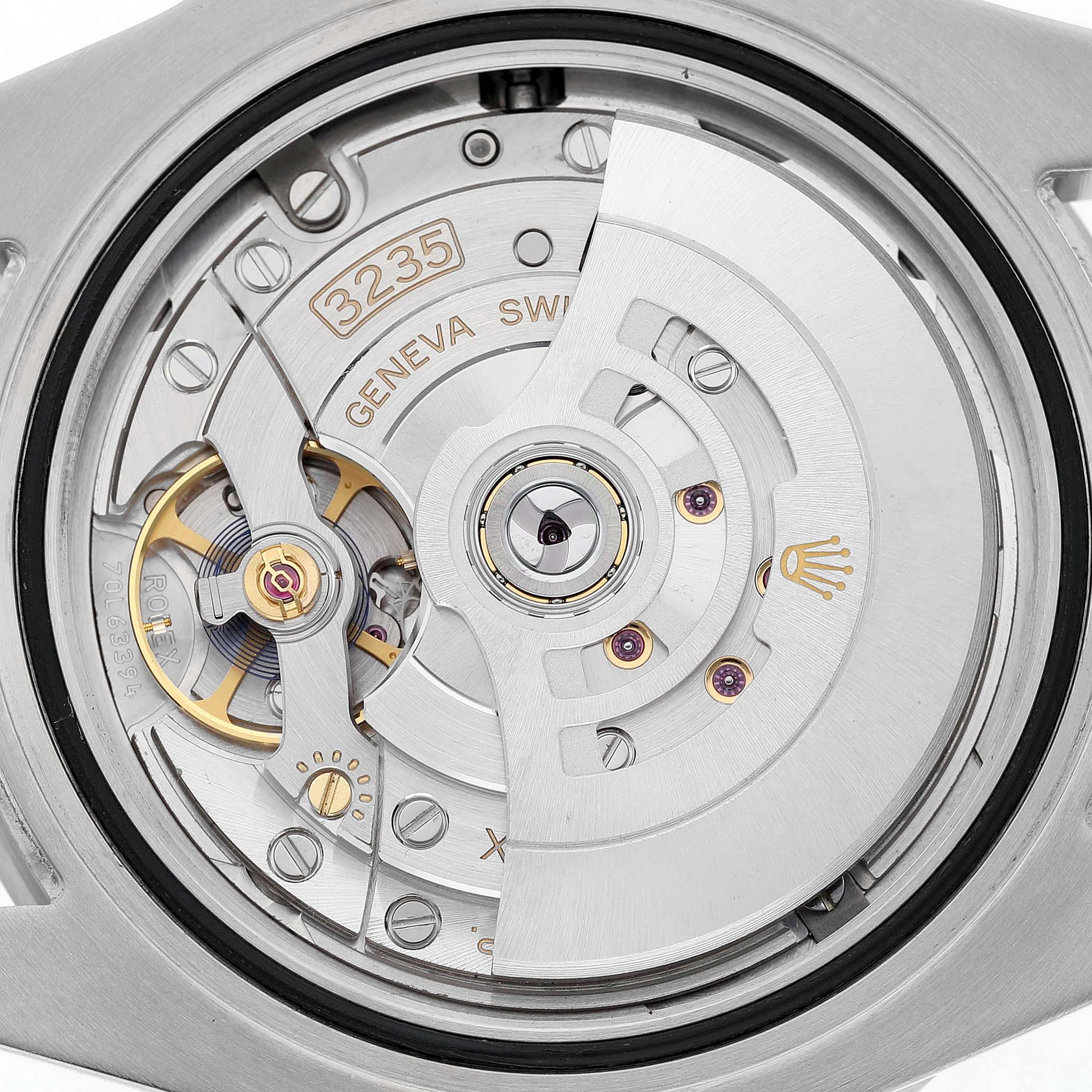 The image shows the movement of a Rolex Submariner 126610 Men's Stainless Steel Black Dial, specifically the caliber 3235 from a back view.
