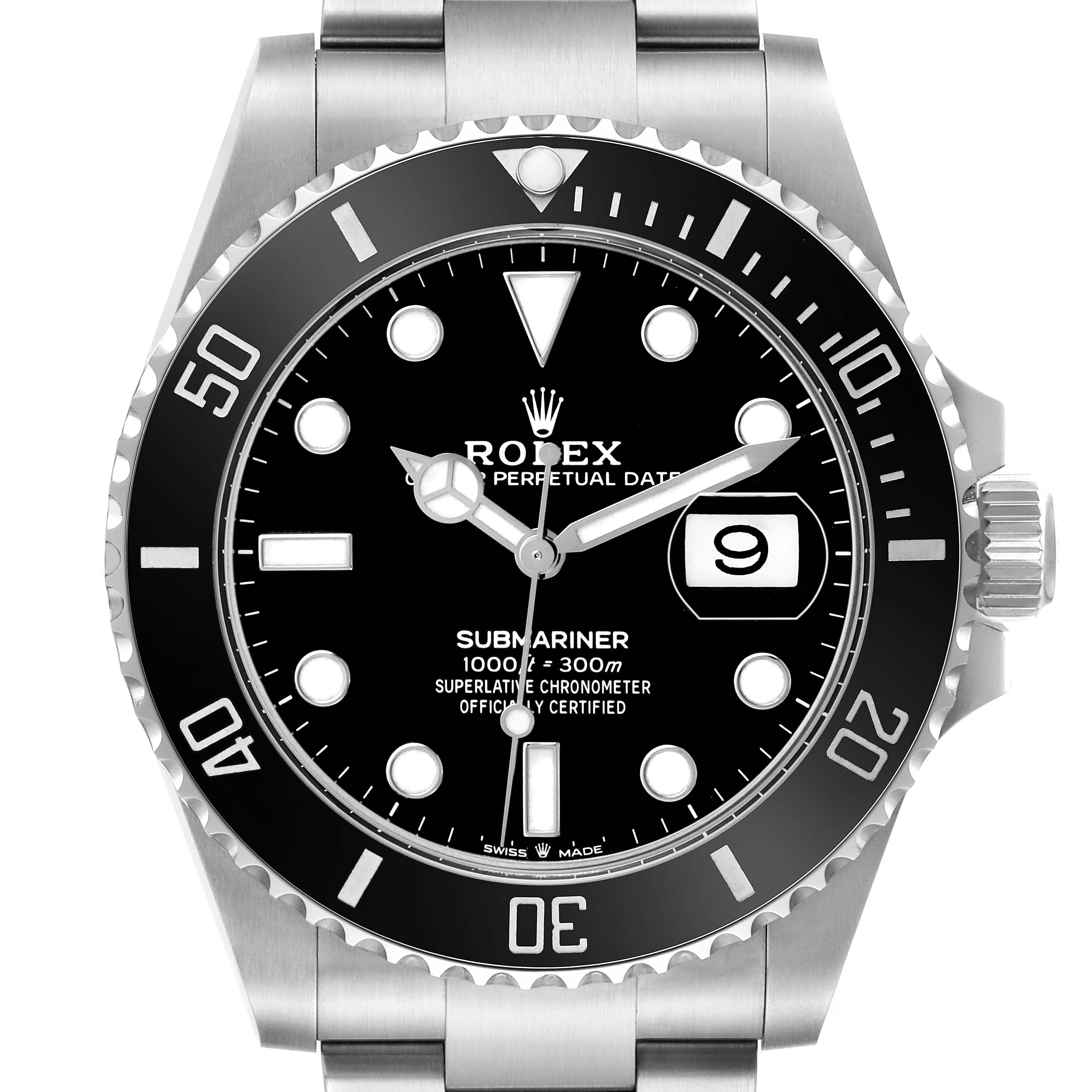 The Rolex Submariner 126610 Men's Stainless Steel Black Dial watch is shown from a front angle, displaying the face, bezel, crown, and part of the bracelet.